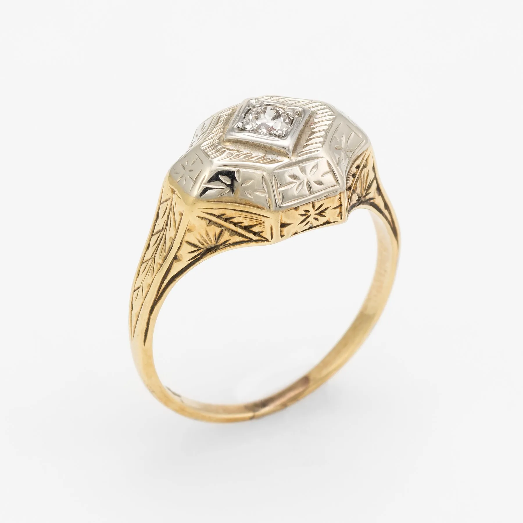 Antique Deco Two Tone Diamond Ring Vintage 14k Gold Estate Fine Jewelry Etched