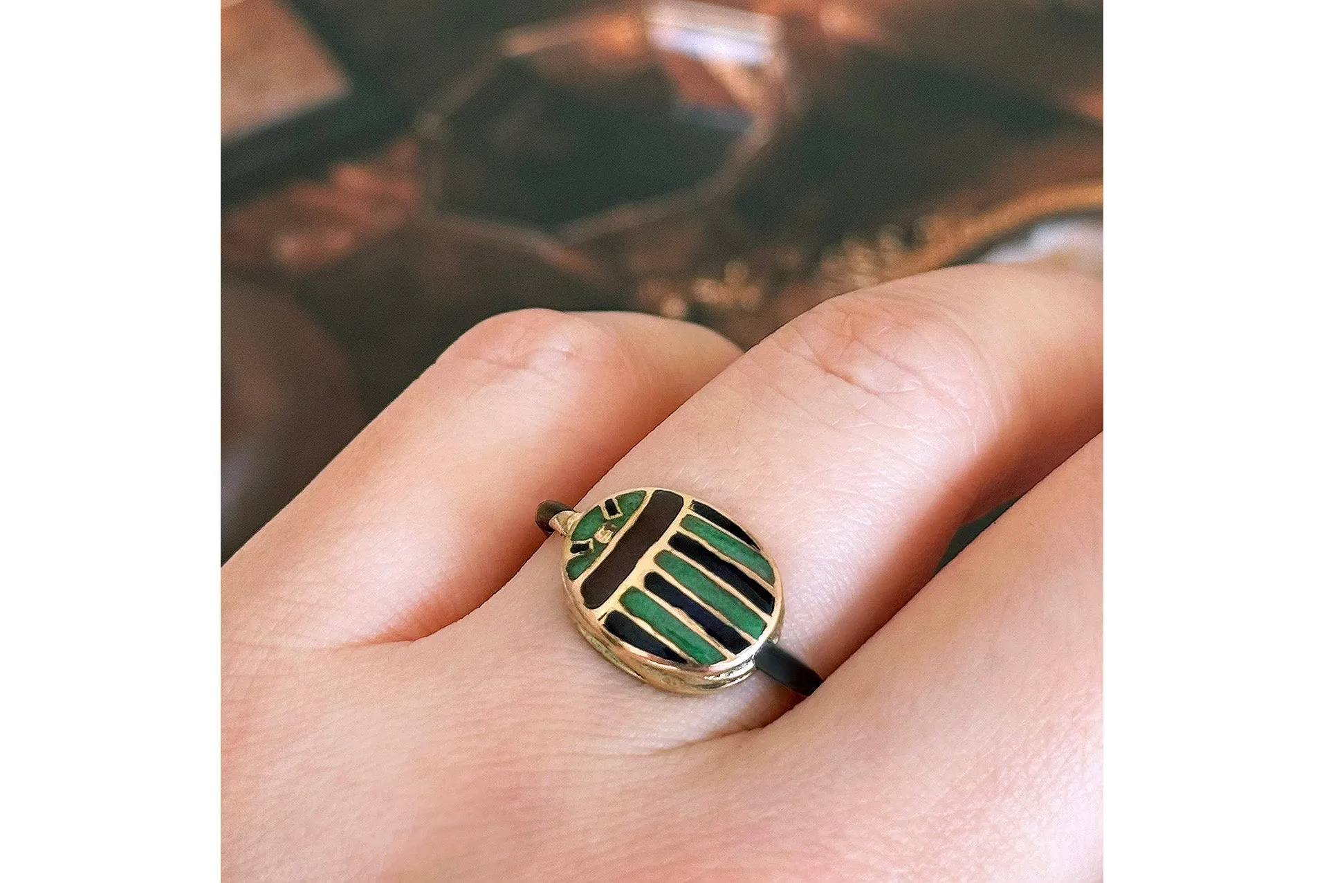 Antique Enamel & Elephant Hair Scarab Swivel Ring