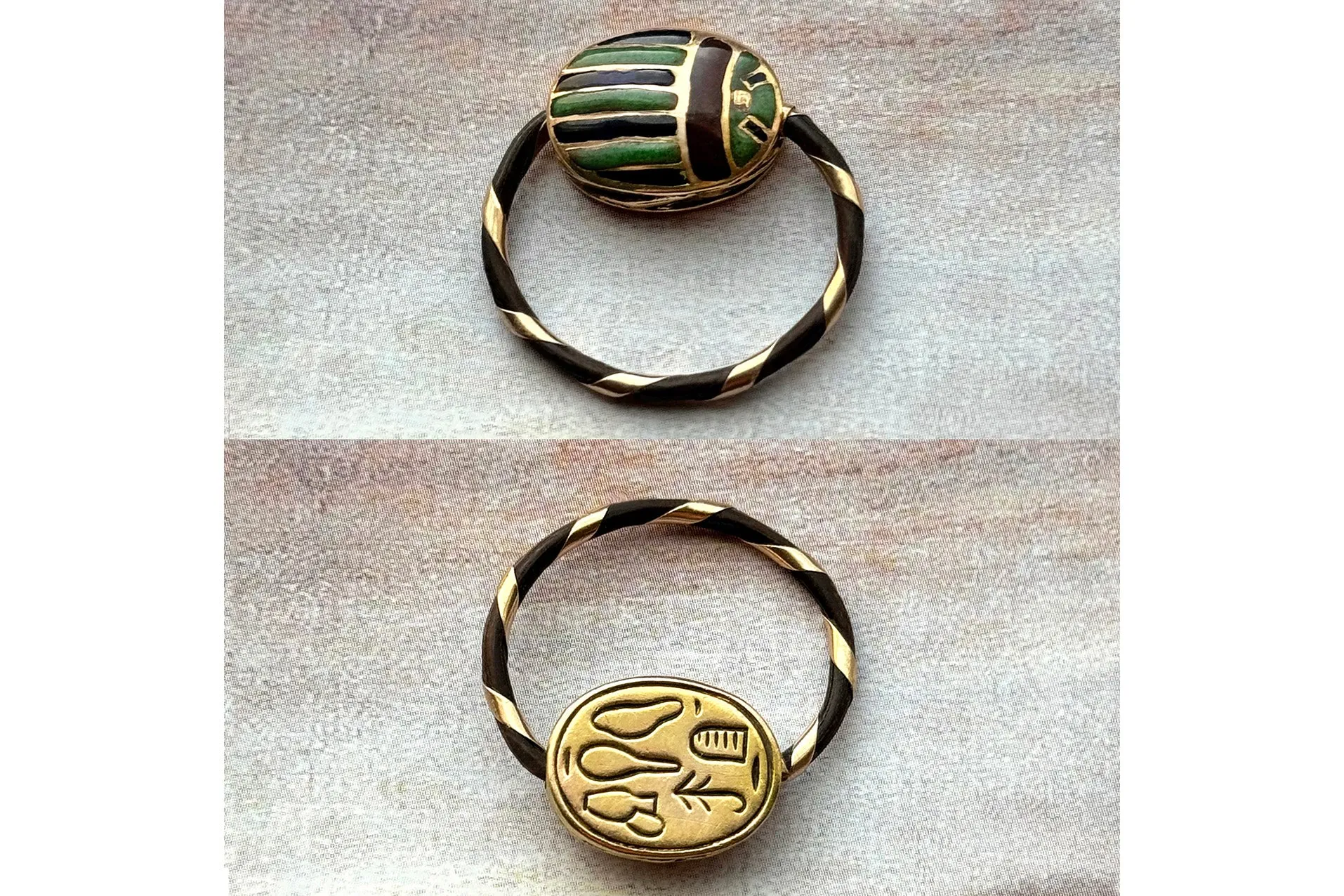 Antique Enamel & Elephant Hair Scarab Swivel Ring