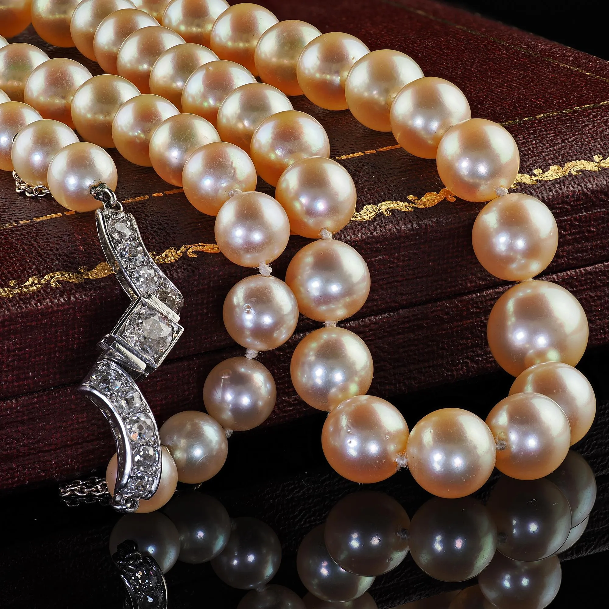 Antique French Art Deco Platinum Old Euro Diamond Akoya Pearl Strand Necklace