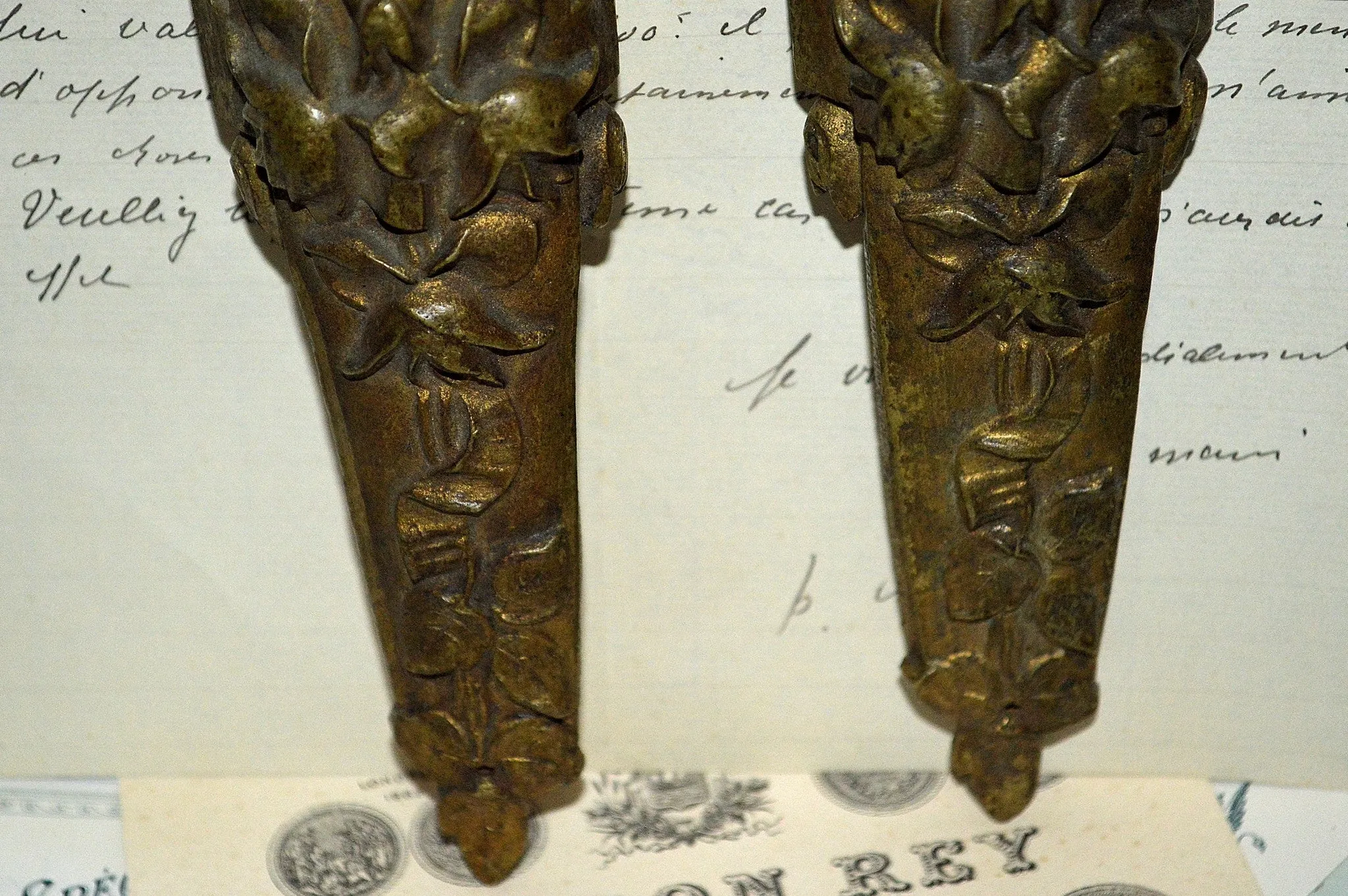 Antique Pair French Pediments Art Deco Floral Bronze Mount Hardware