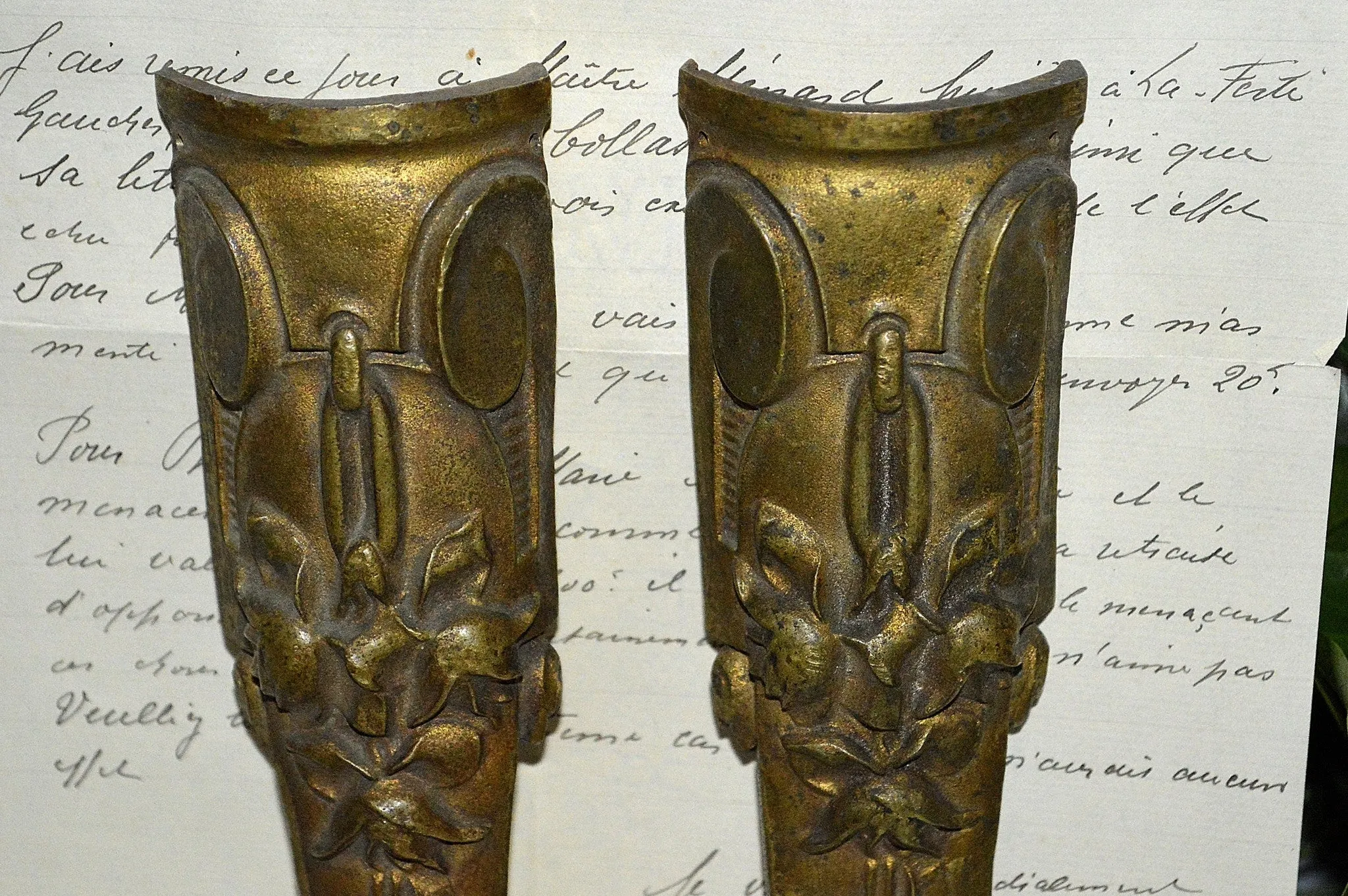 Antique Pair French Pediments Art Deco Floral Bronze Mount Hardware