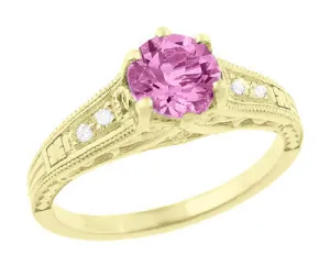 Antique Style Pink Sapphire and Diamonds Filigree Art Deco Engagement Ring in 14 Karat Yellow Gold