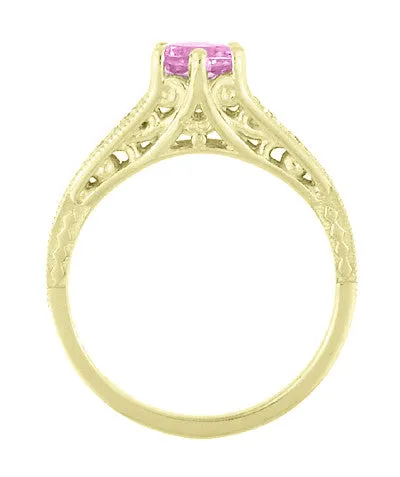 Antique Style Pink Sapphire and Diamonds Filigree Art Deco Engagement Ring in 14 Karat Yellow Gold