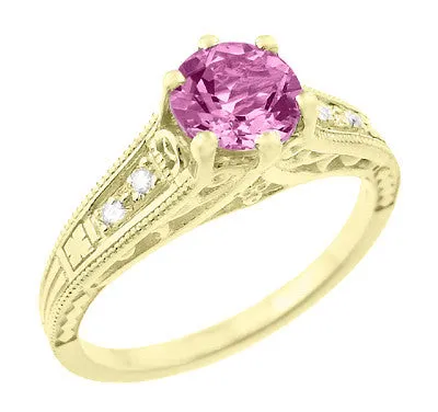 Antique Style Pink Sapphire and Diamonds Filigree Art Deco Engagement Ring in 14 Karat Yellow Gold