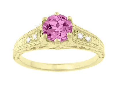 Antique Style Pink Sapphire and Diamonds Filigree Art Deco Engagement Ring in 14 Karat Yellow Gold