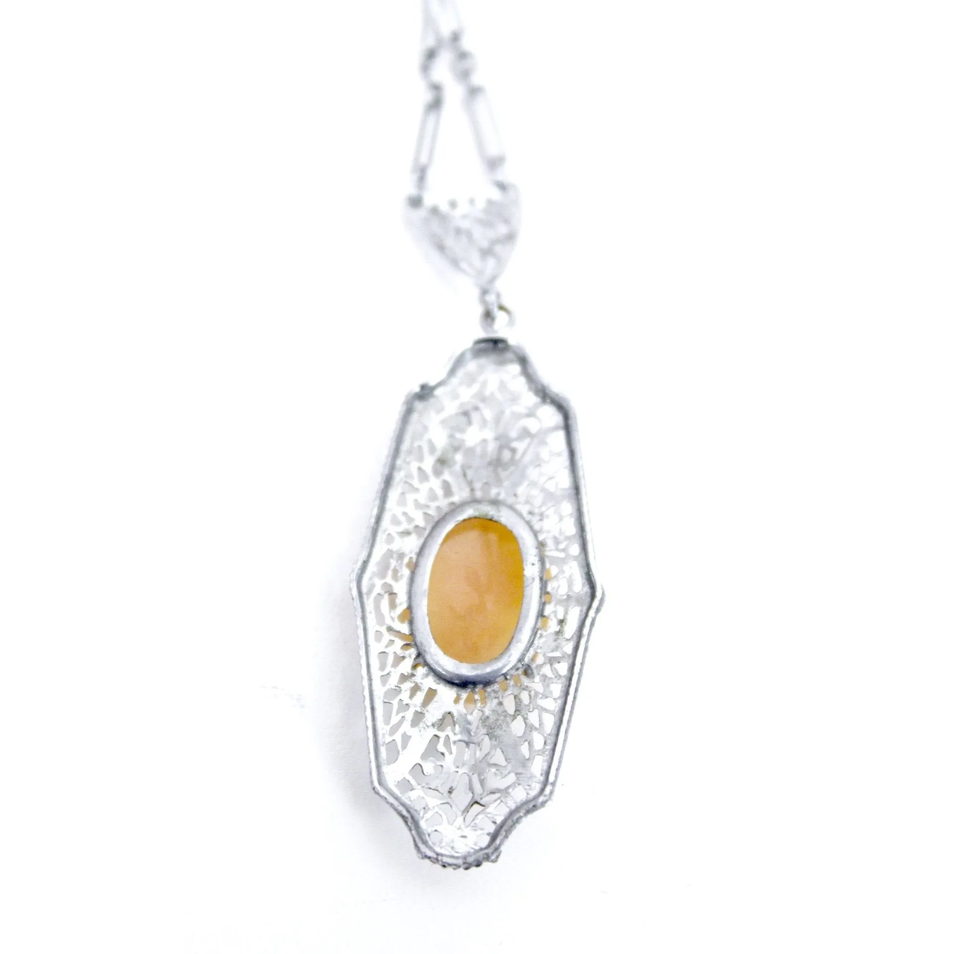 Antique Vintage Art Deco  1920s Filigree Cameo Pendant Necklace Downton Gatsby Fancy  16" Elongated Chain