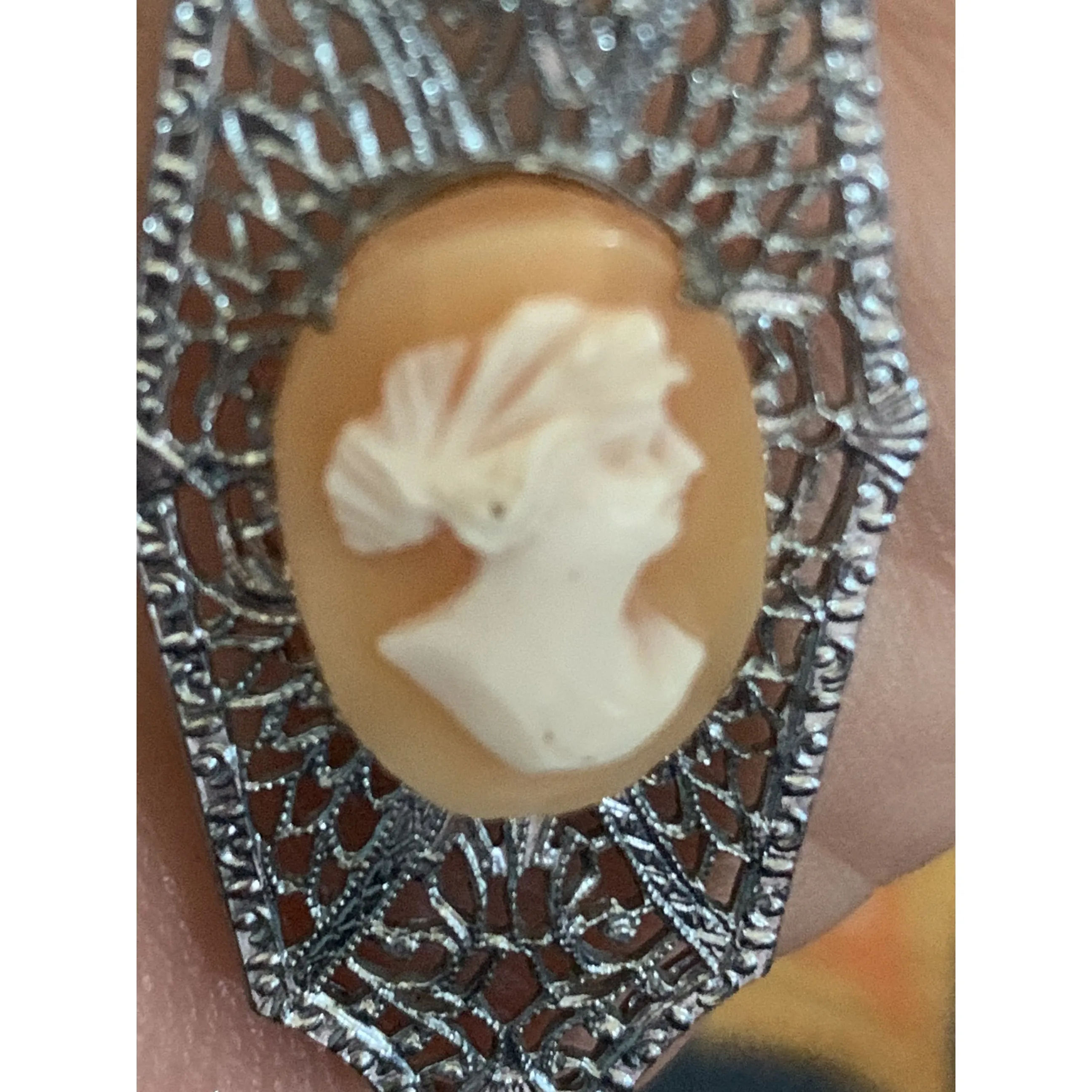 Antique Vintage Art Deco  1920s Filigree Cameo Pendant Necklace Downton Gatsby Fancy  16" Elongated Chain