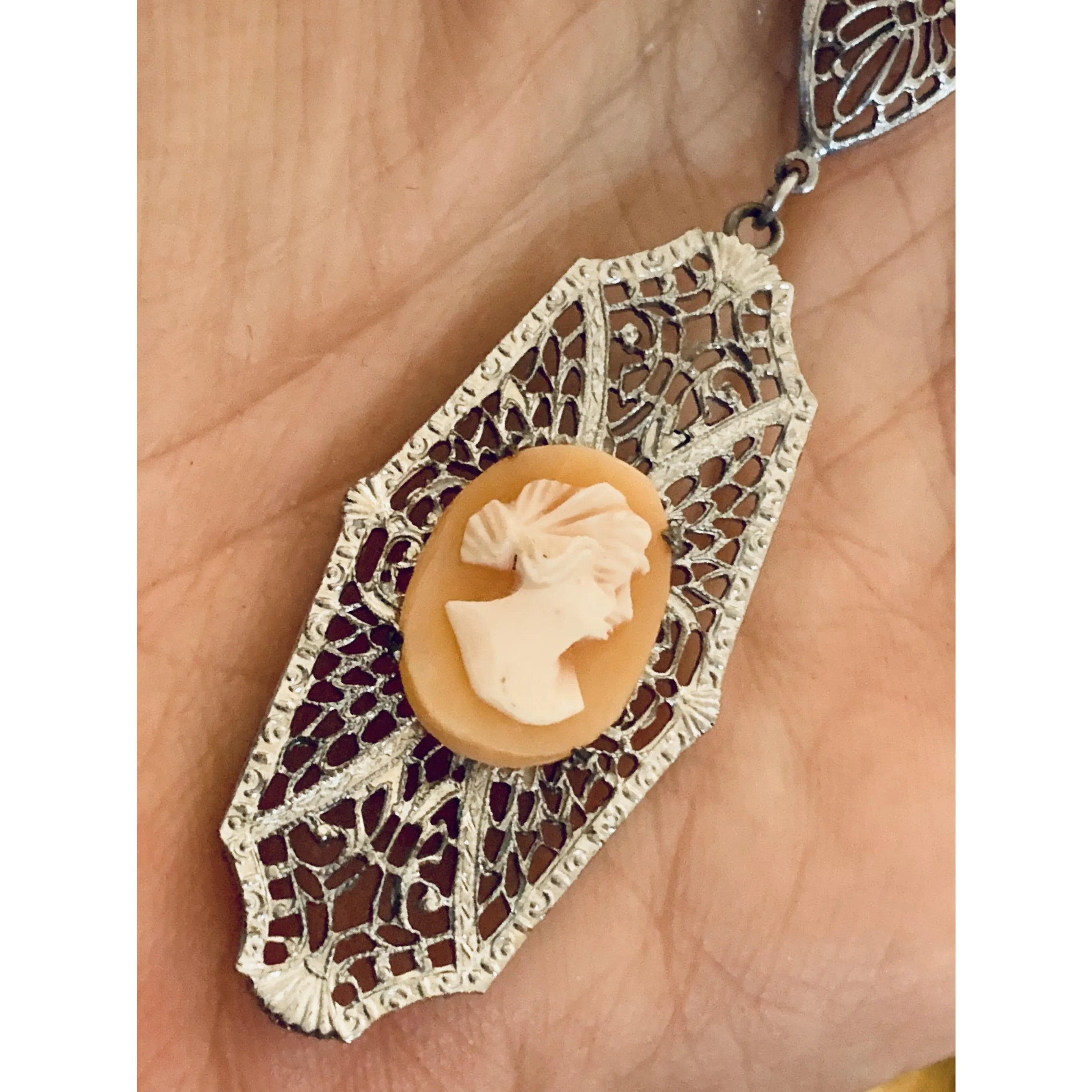 Antique Vintage Art Deco  1920s Filigree Cameo Pendant Necklace Downton Gatsby Fancy  16" Elongated Chain