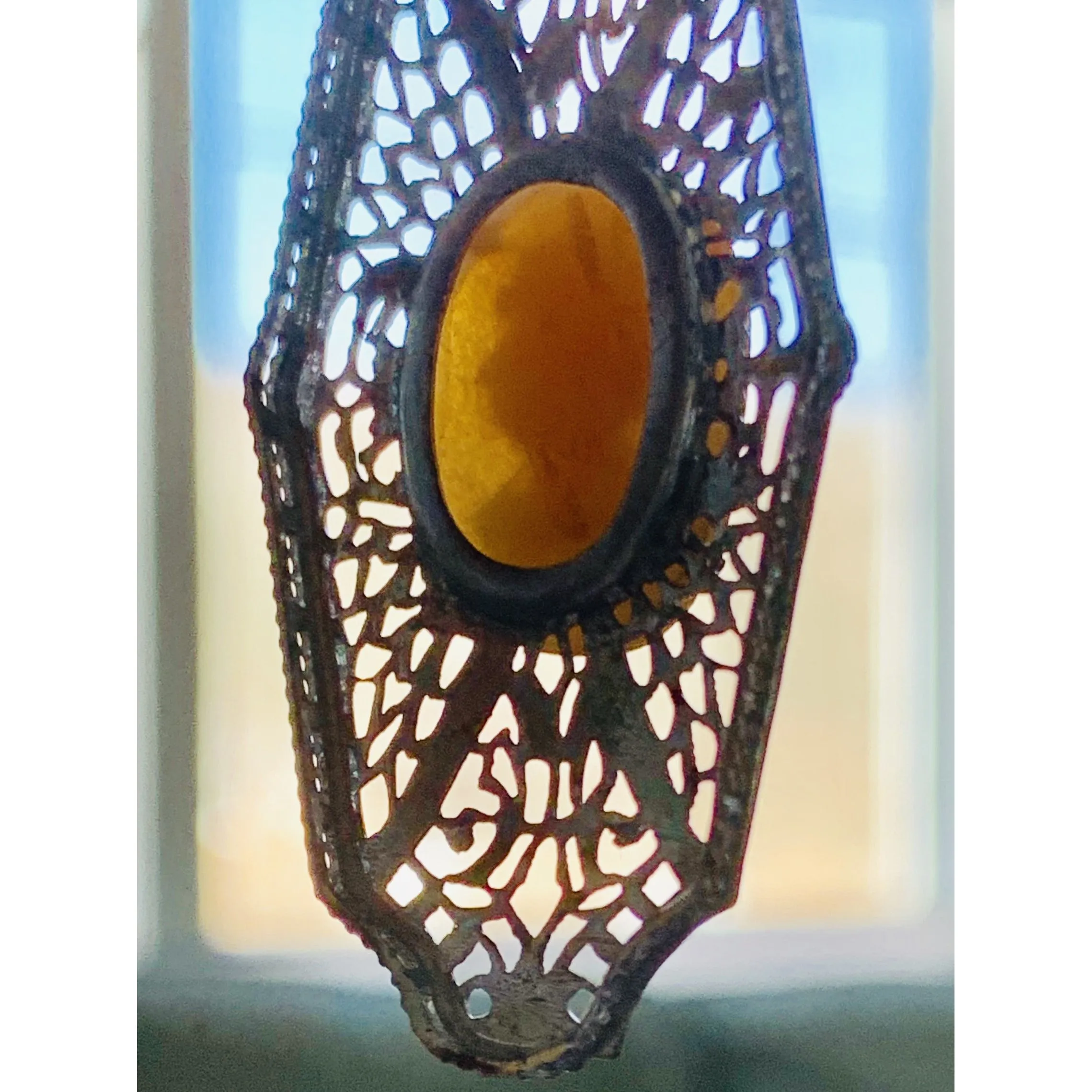 Antique Vintage Art Deco  1920s Filigree Cameo Pendant Necklace Downton Gatsby Fancy  16" Elongated Chain