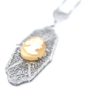 Antique Vintage Art Deco  1920s Filigree Cameo Pendant Necklace Downton Gatsby Fancy  16" Elongated Chain