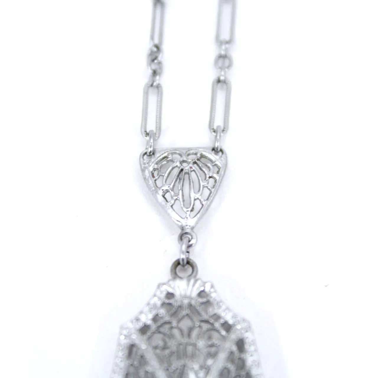 Antique Vintage Art Deco  1920s Filigree Cameo Pendant Necklace Downton Gatsby Fancy  16" Elongated Chain