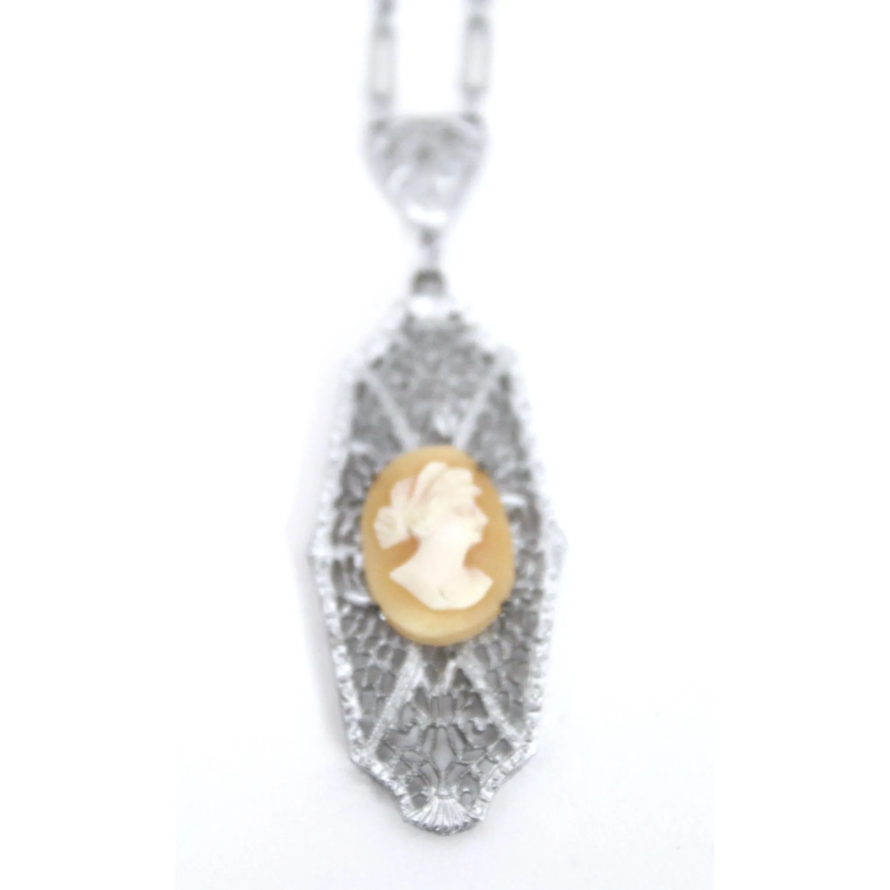 Antique Vintage Art Deco  1920s Filigree Cameo Pendant Necklace Downton Gatsby Fancy  16" Elongated Chain
