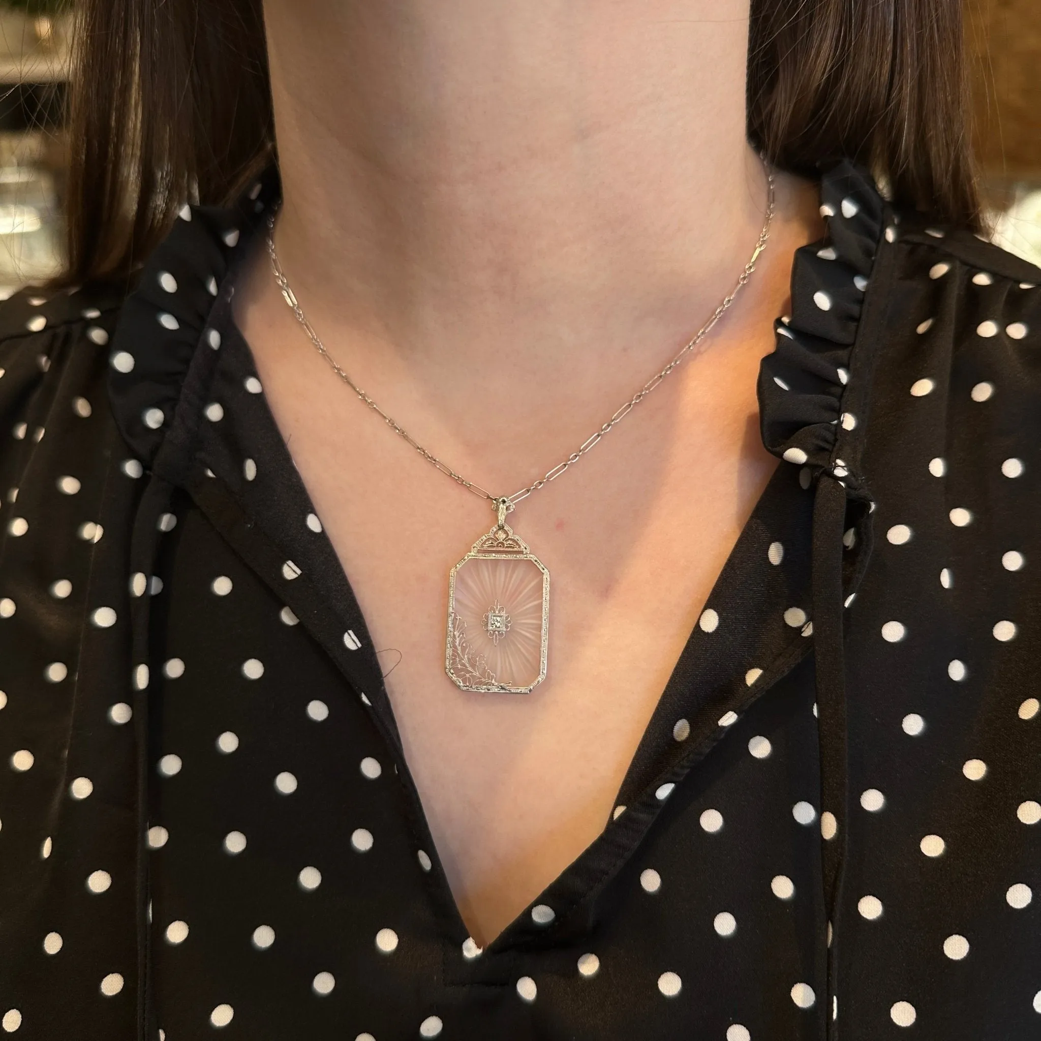 Art Deco 0.07 Carat Diamond and Camphor Glass Necklace