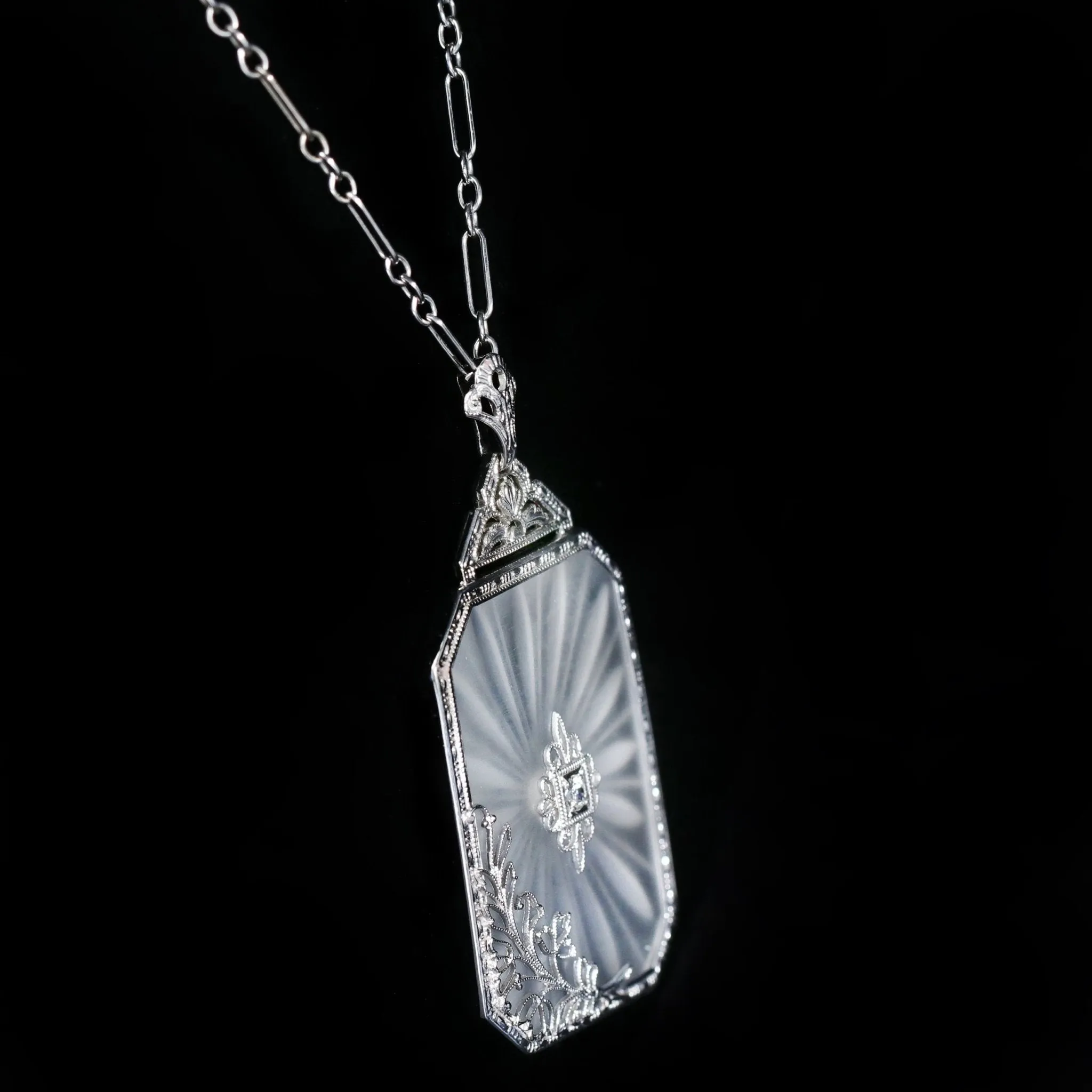 Art Deco 0.07 Carat Diamond and Camphor Glass Necklace
