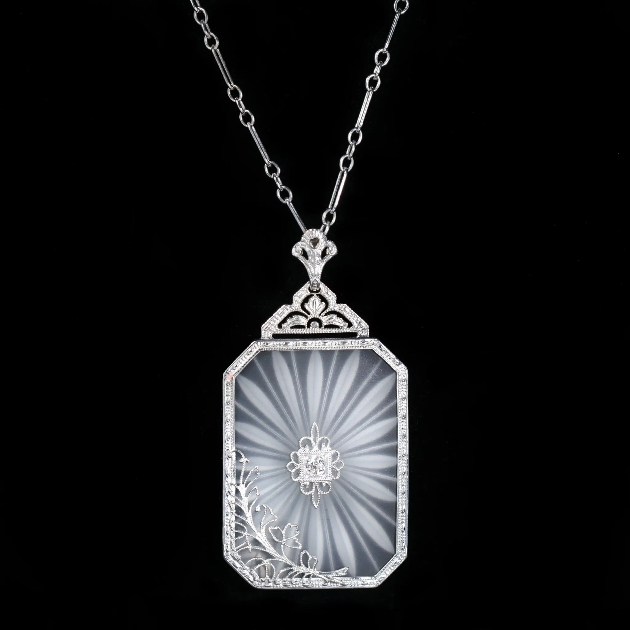 Art Deco 0.07 Carat Diamond and Camphor Glass Necklace