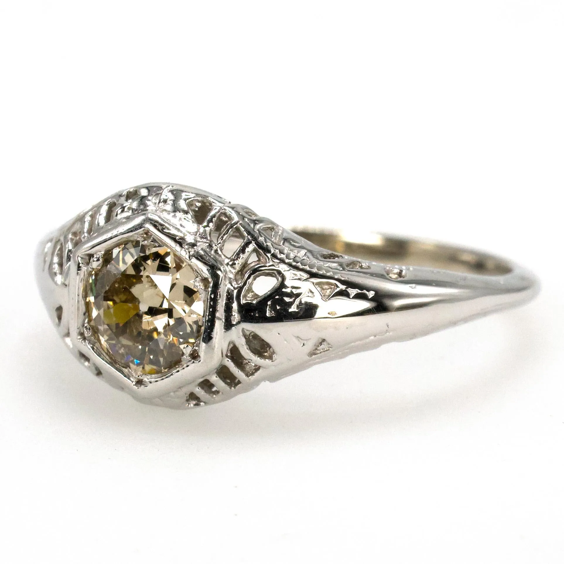 Art Deco 0.24 carat Brown Old European Cut Diamond Solitaire with Filigree