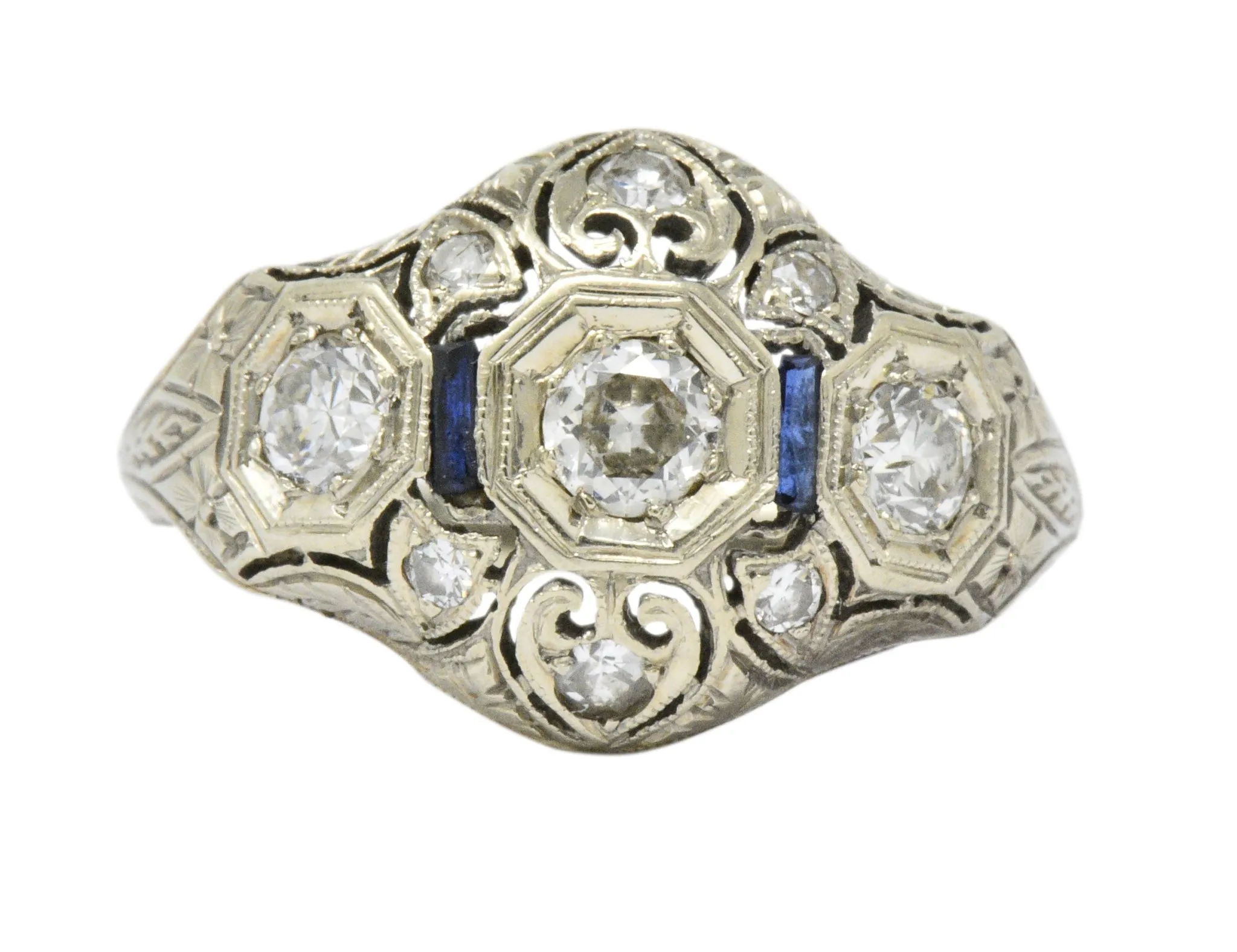 Art Deco 0.60 CTW Diamond Sapphire 18 Karat White Gold Ring