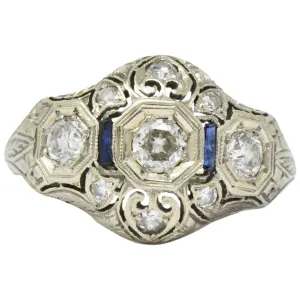 Art Deco 0.60 CTW Diamond Sapphire 18 Karat White Gold Ring