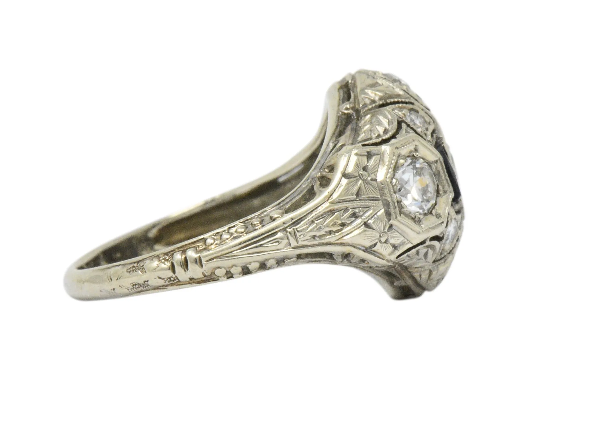 Art Deco 0.60 CTW Diamond Sapphire 18 Karat White Gold Ring