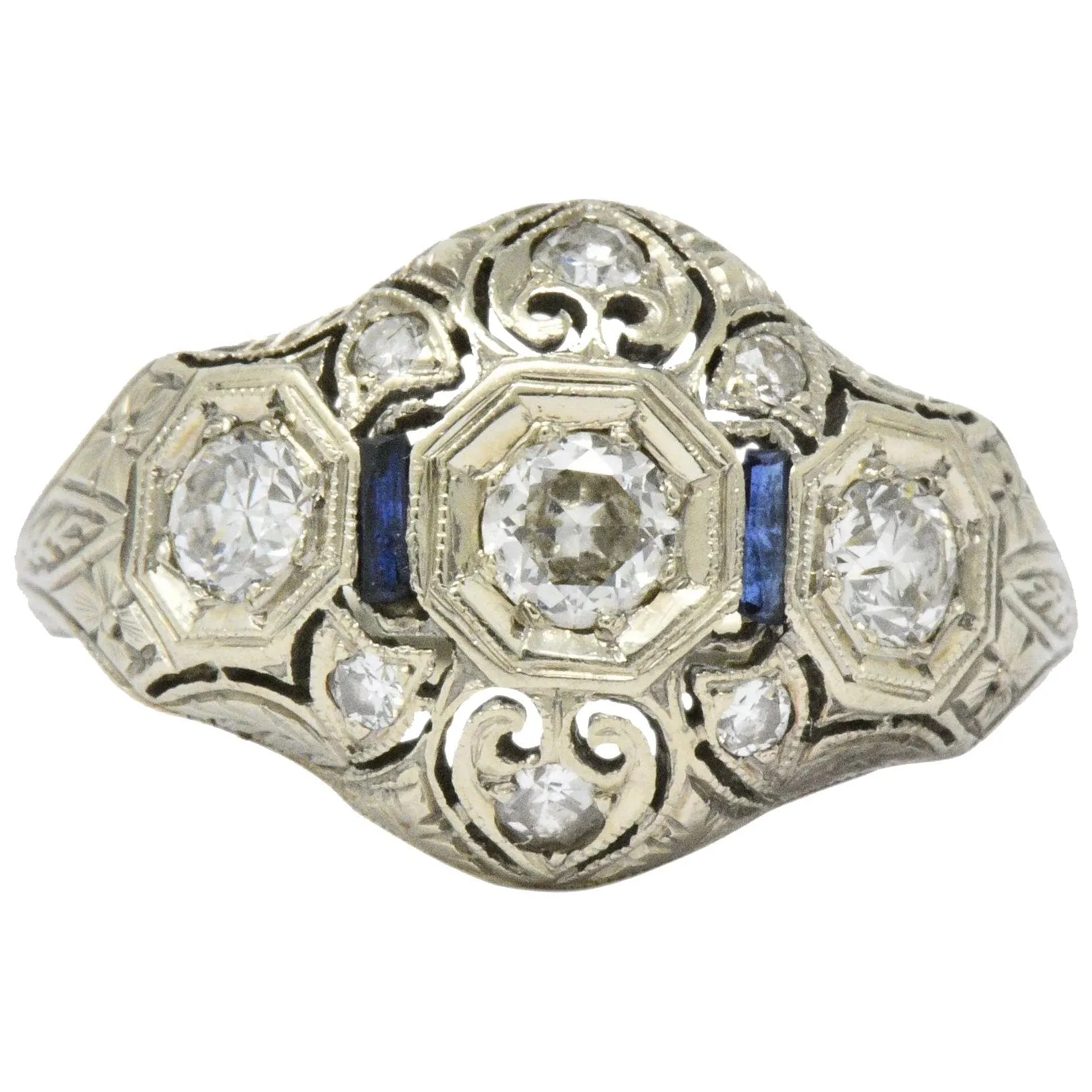 Art Deco 0.60 CTW Diamond Sapphire 18 Karat White Gold Ring