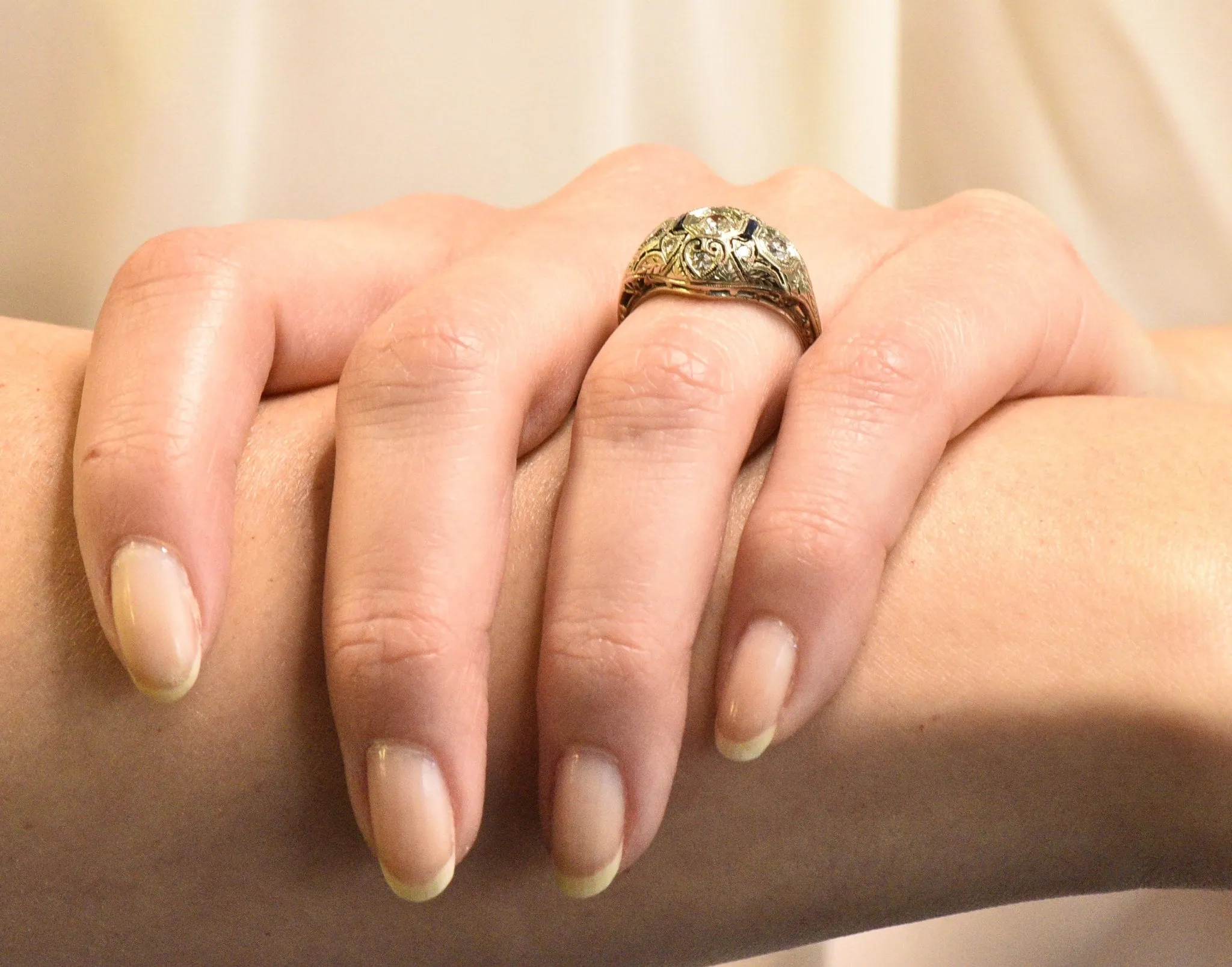 Art Deco 0.60 CTW Diamond Sapphire 18 Karat White Gold Ring