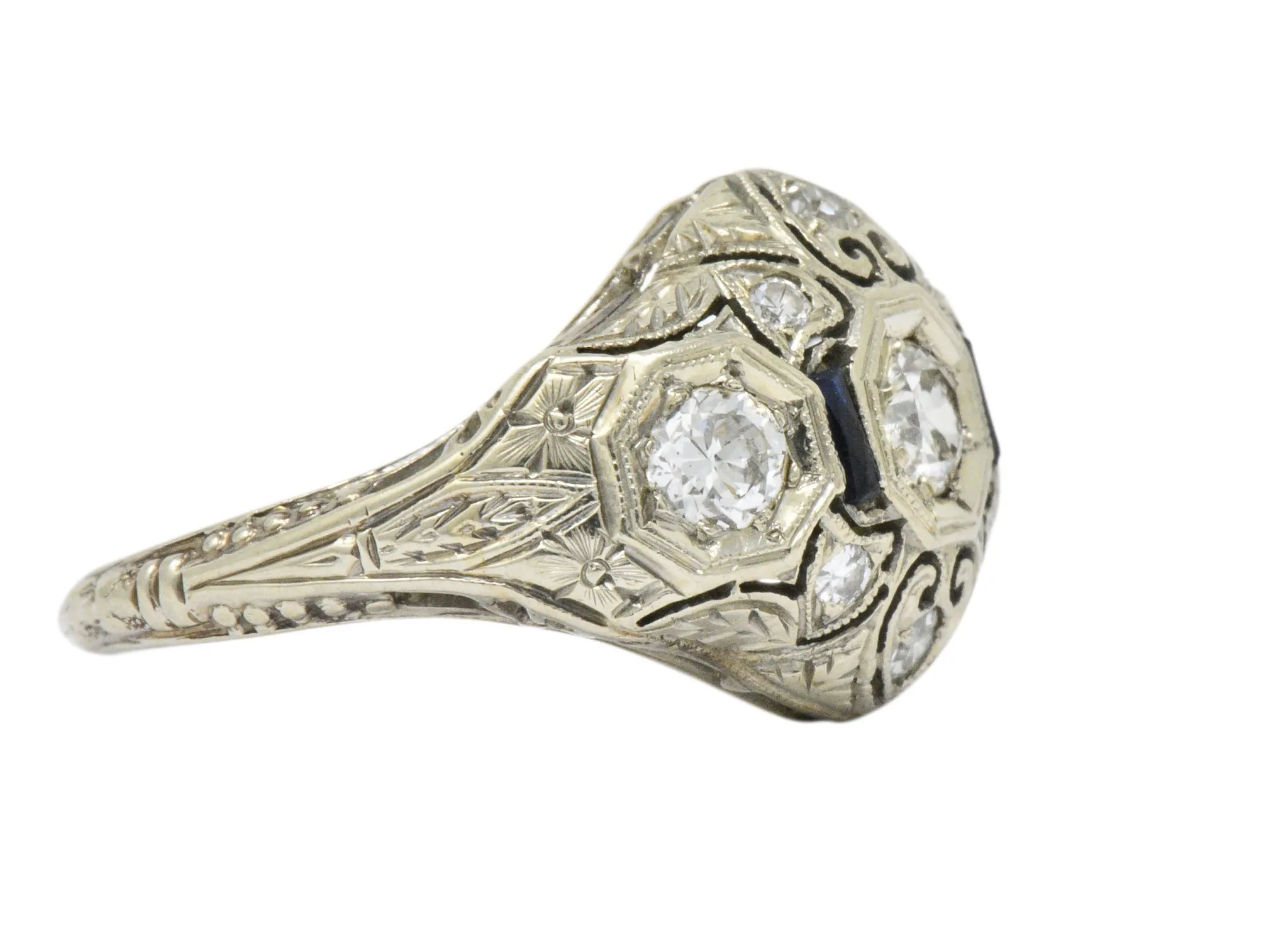 Art Deco 0.60 CTW Diamond Sapphire 18 Karat White Gold Ring