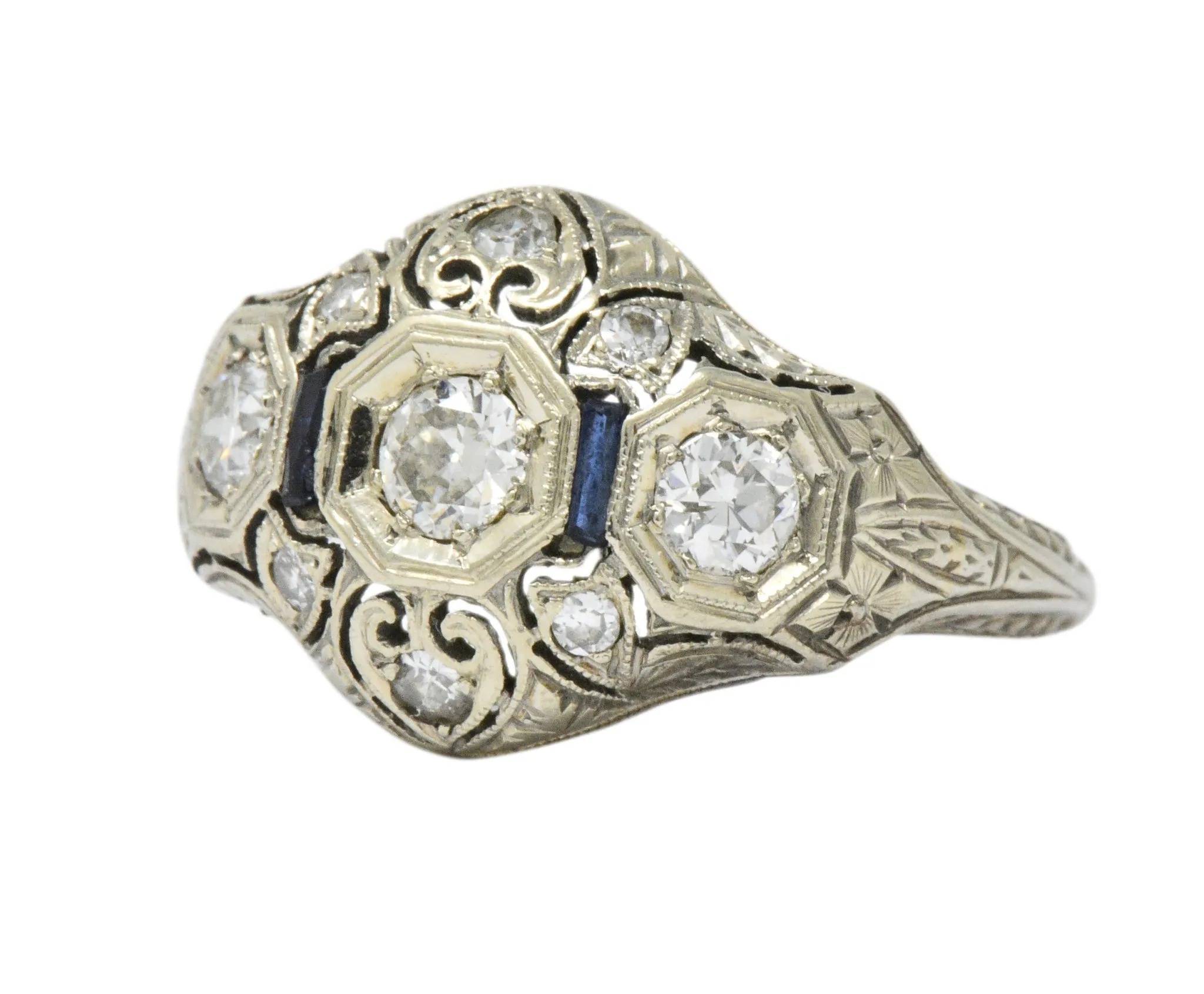 Art Deco 0.60 CTW Diamond Sapphire 18 Karat White Gold Ring