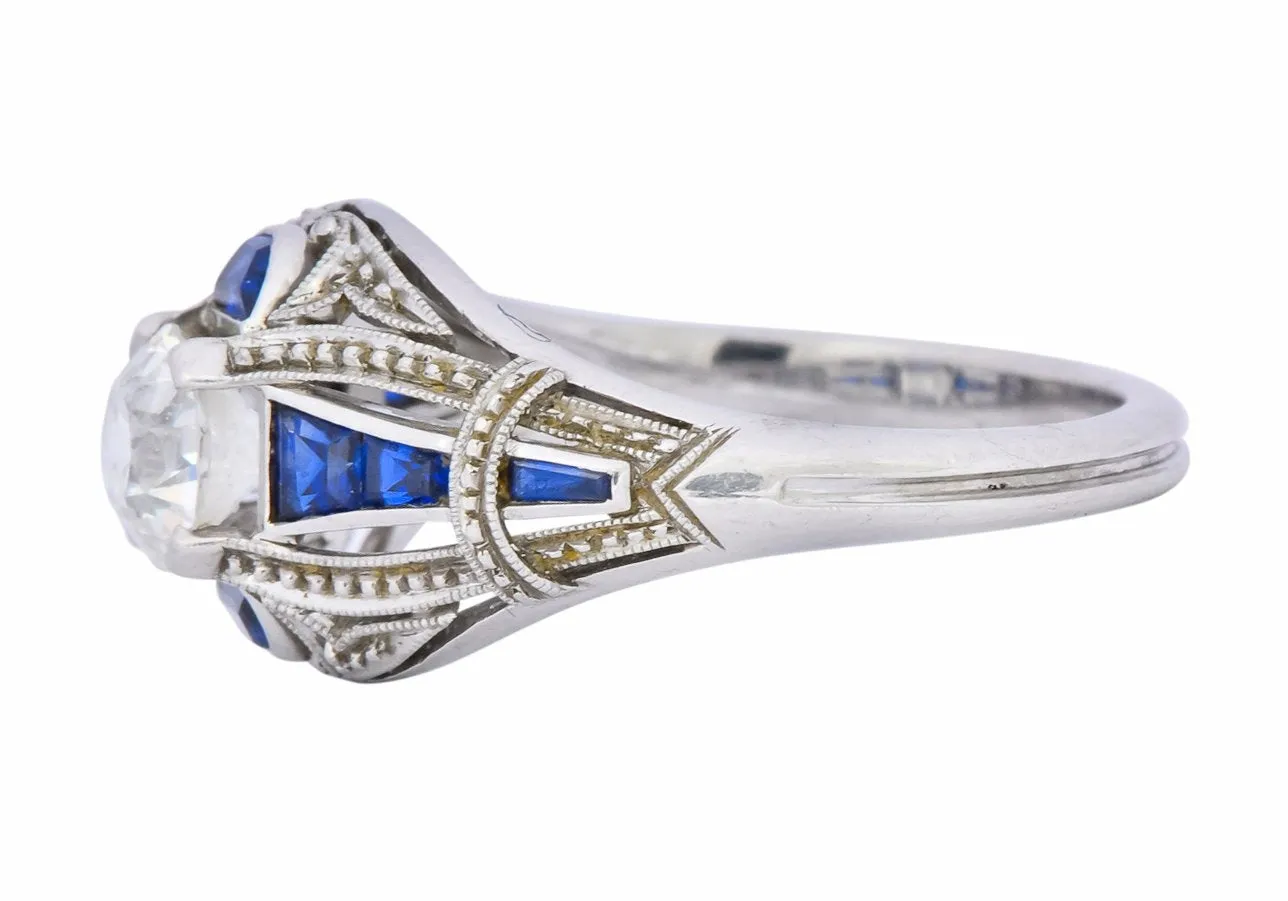 Art Deco 0.60 CTW Diamond Sapphire Platinum Engagement Ring