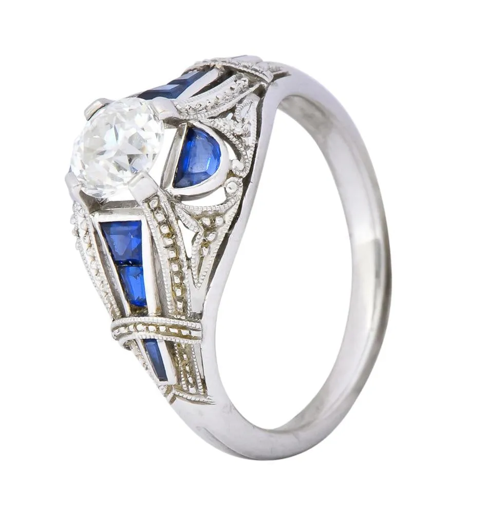 Art Deco 0.60 CTW Diamond Sapphire Platinum Engagement Ring