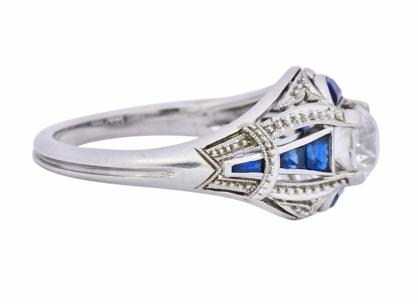 Art Deco 0.60 CTW Diamond Sapphire Platinum Engagement Ring