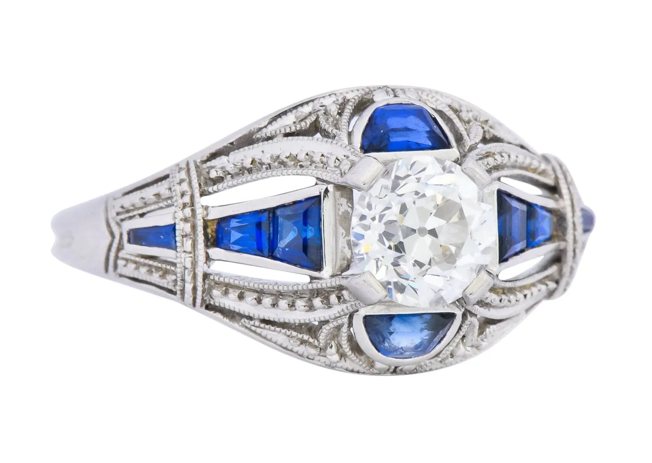 Art Deco 0.60 CTW Diamond Sapphire Platinum Engagement Ring