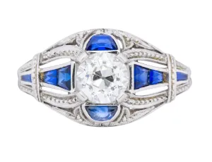 Art Deco 0.60 CTW Diamond Sapphire Platinum Engagement Ring