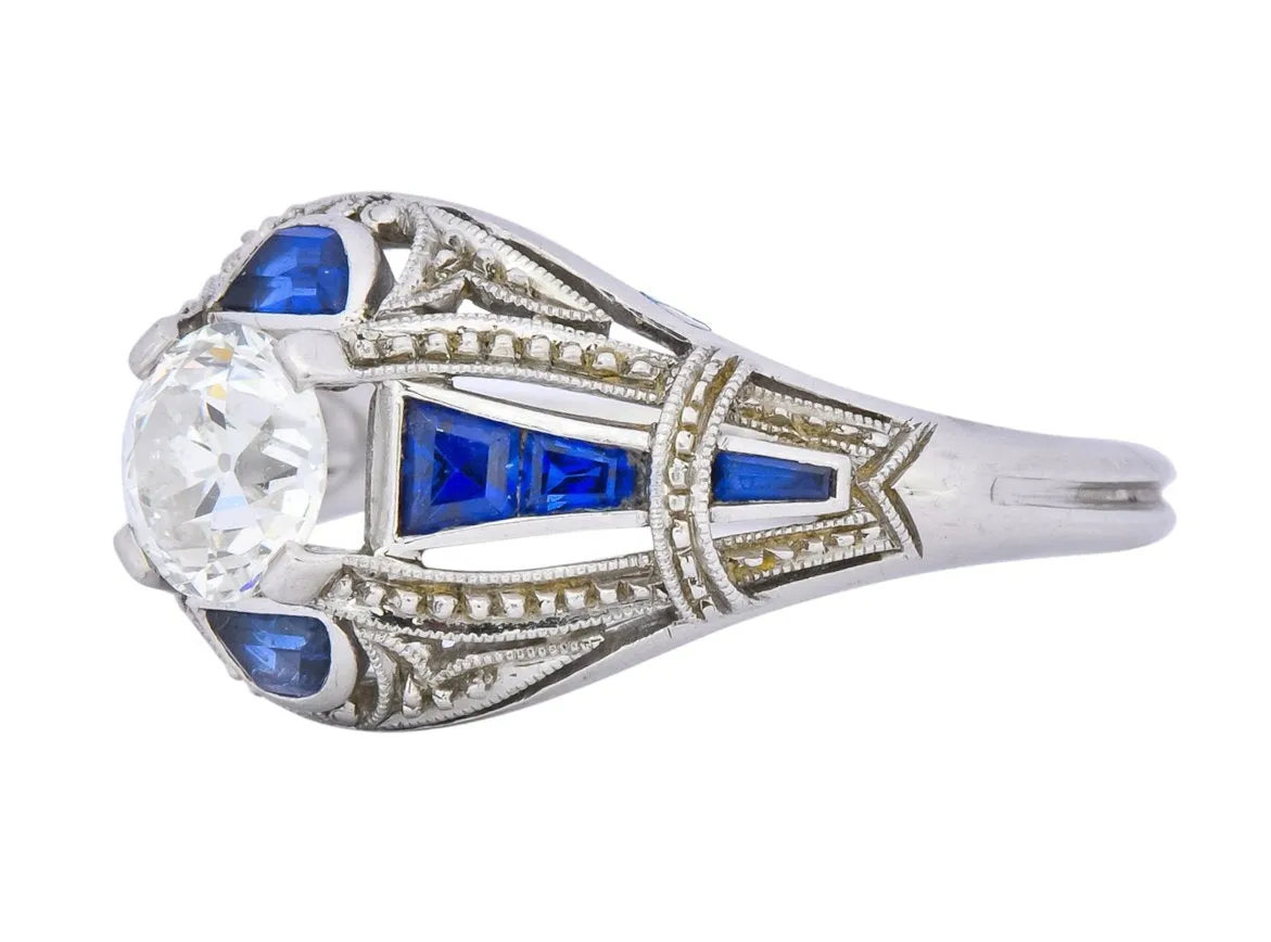 Art Deco 0.60 CTW Diamond Sapphire Platinum Engagement Ring