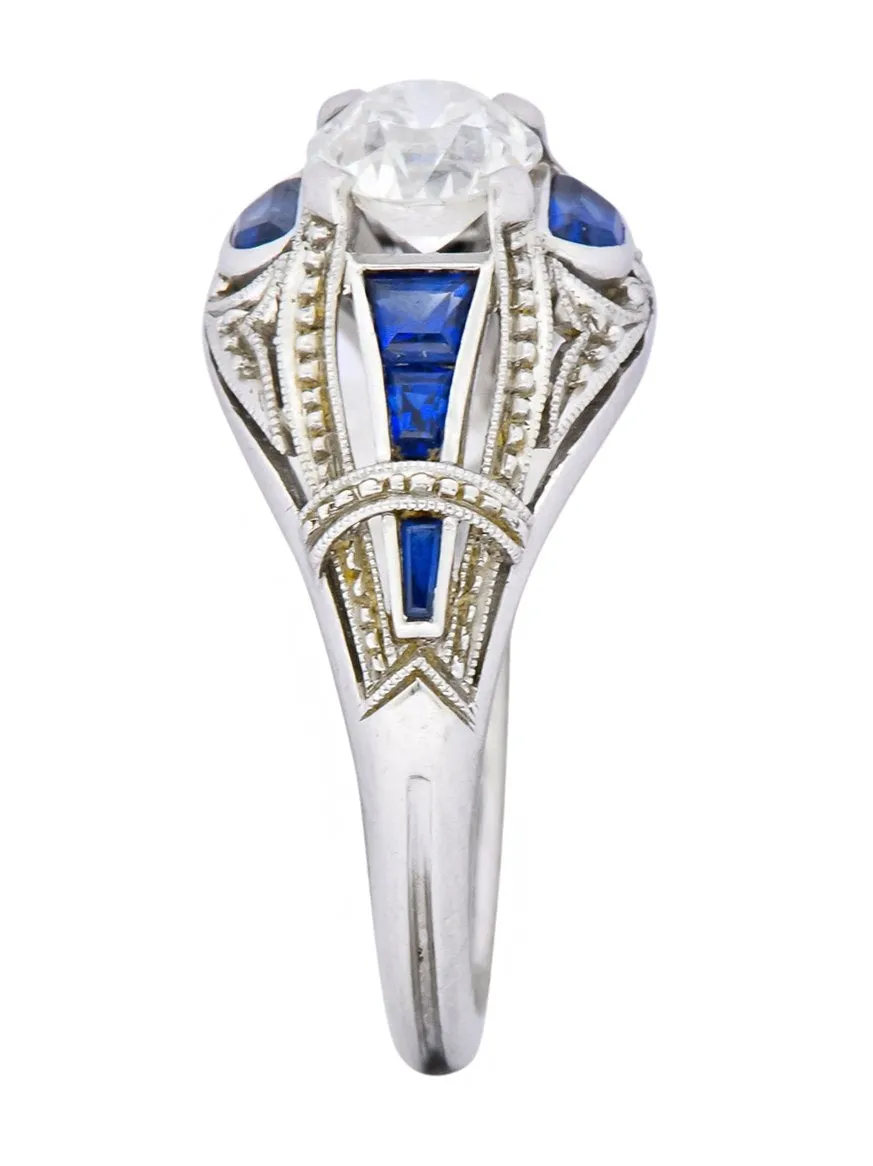 Art Deco 0.60 CTW Diamond Sapphire Platinum Engagement Ring