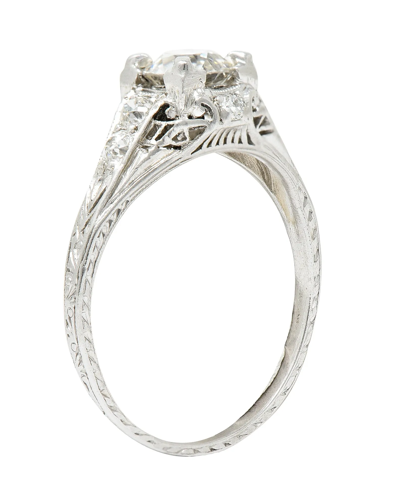 Art Deco 1.08 CTW Old European Cut Diamond Platinum Scrolling Filigree Engagement Ring