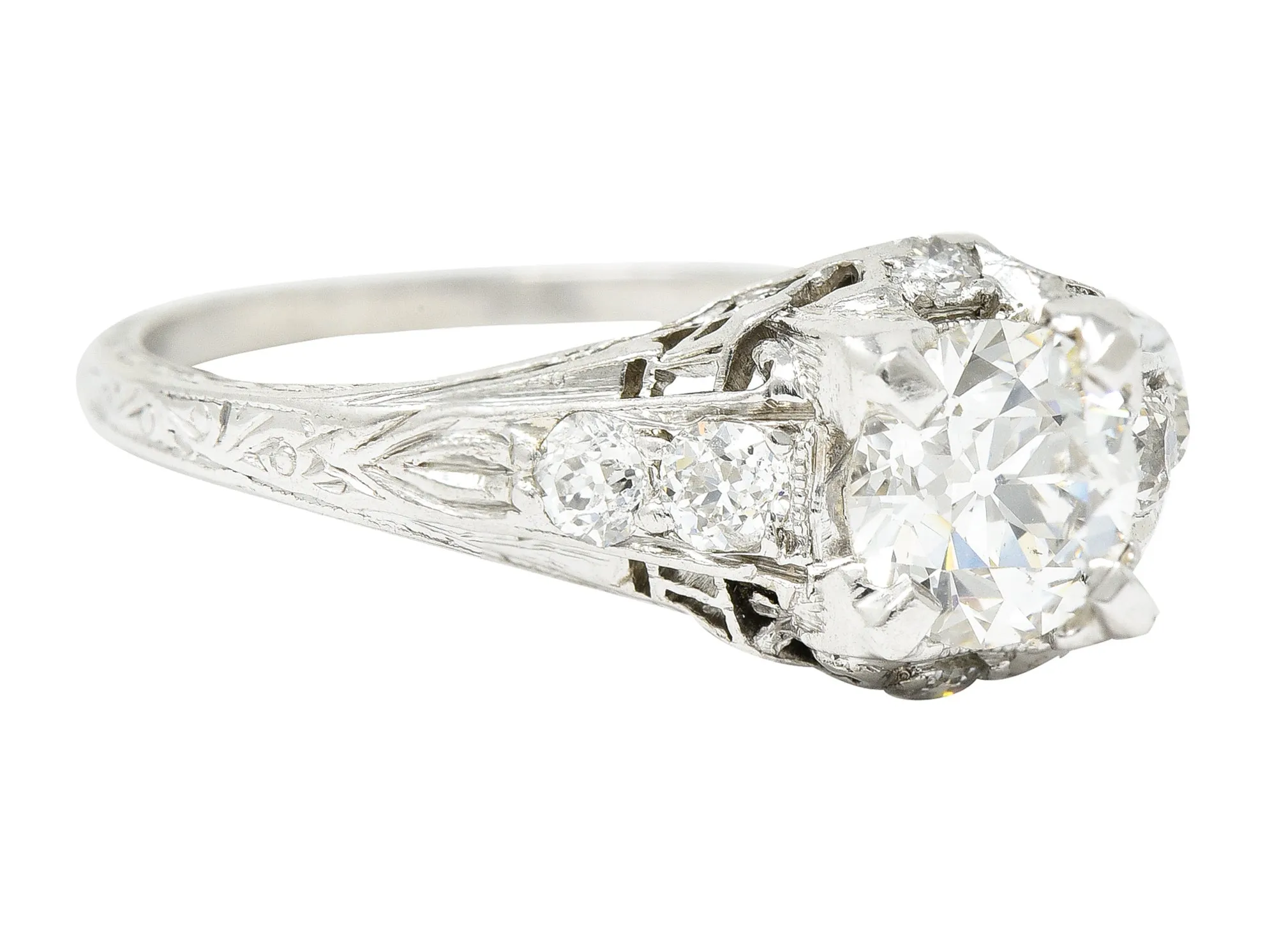 Art Deco 1.08 CTW Old European Cut Diamond Platinum Scrolling Filigree Engagement Ring