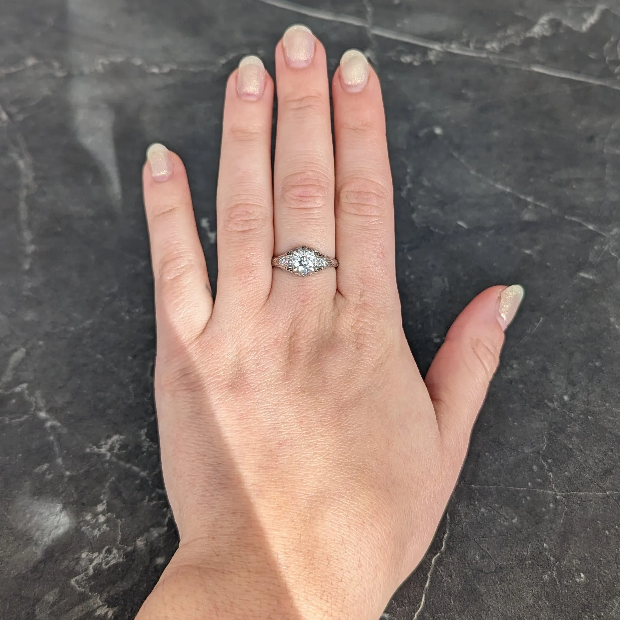 Art Deco 1.08 CTW Old European Cut Diamond Platinum Scrolling Filigree Engagement Ring