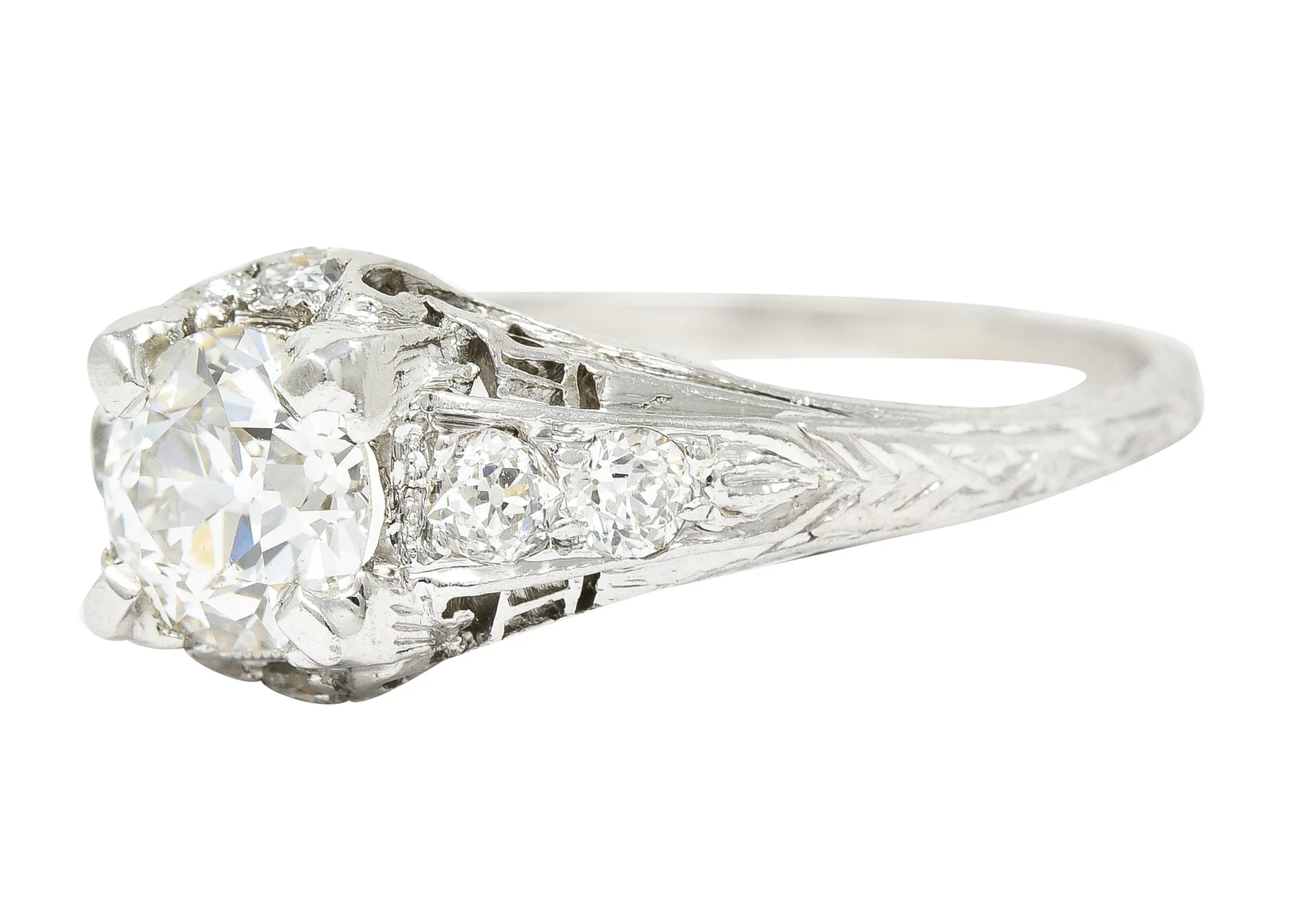 Art Deco 1.08 CTW Old European Cut Diamond Platinum Scrolling Filigree Engagement Ring