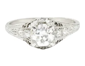Art Deco 1.08 CTW Old European Cut Diamond Platinum Scrolling Filigree Engagement Ring