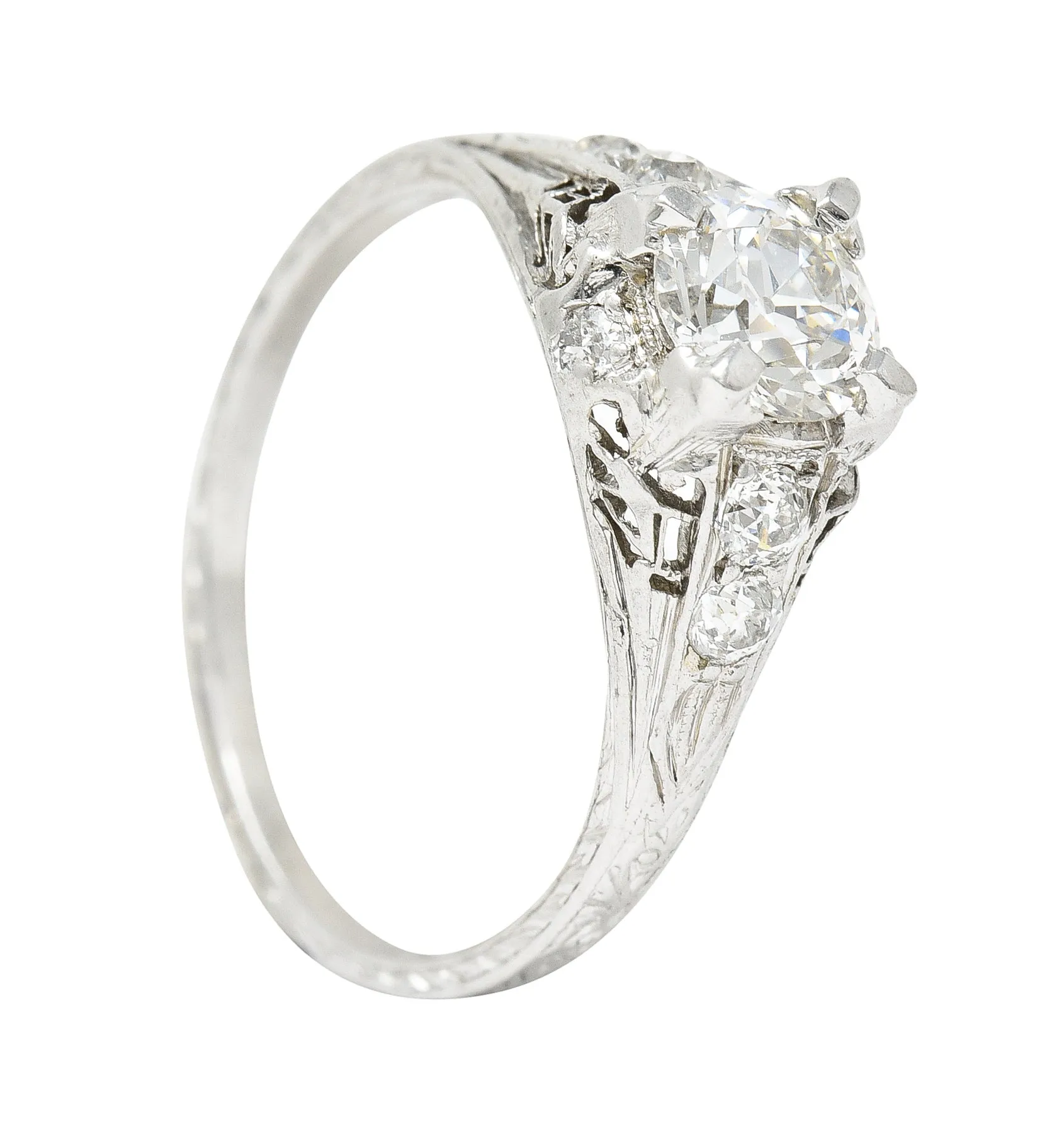 Art Deco 1.08 CTW Old European Cut Diamond Platinum Scrolling Filigree Engagement Ring