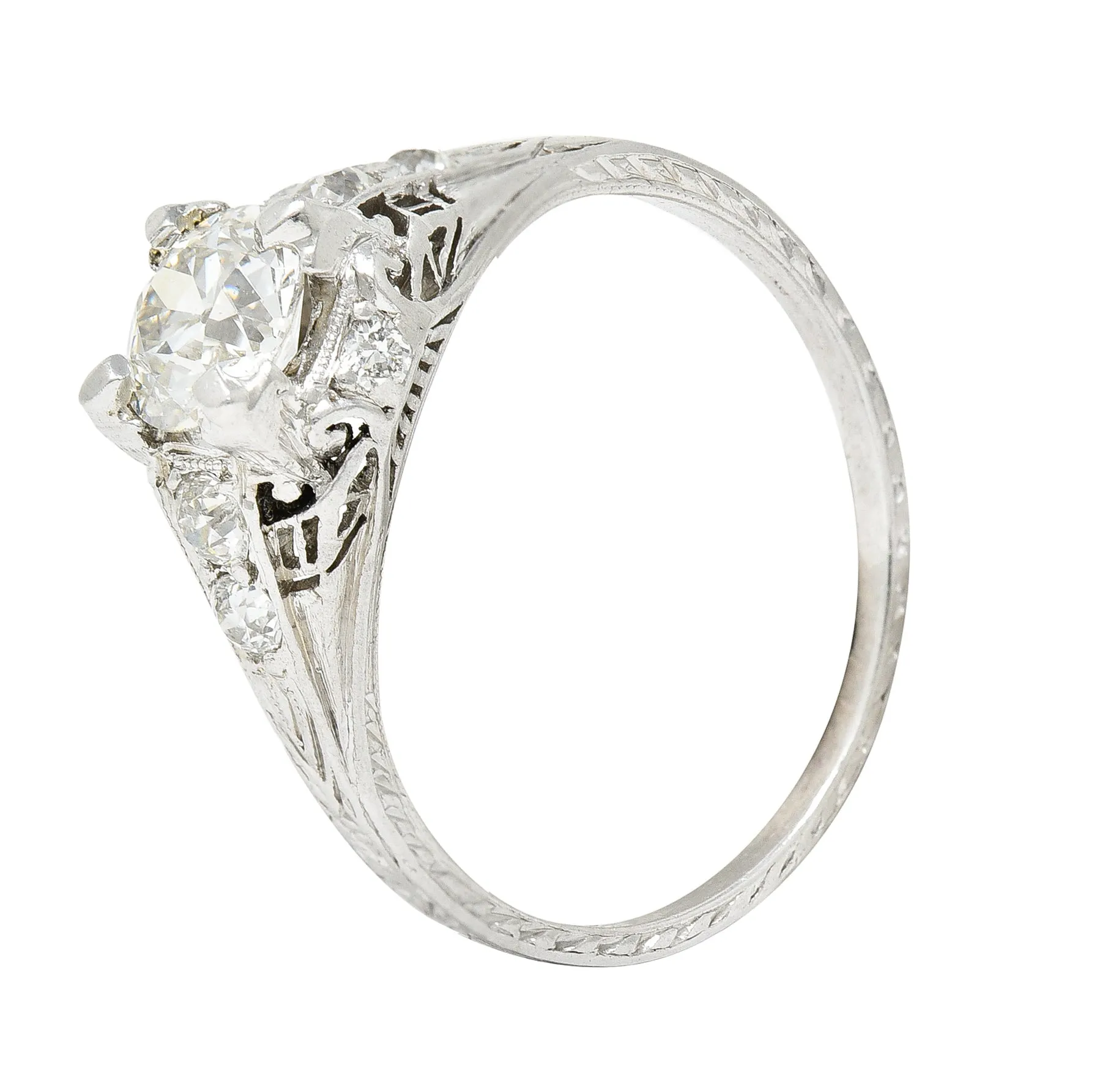 Art Deco 1.08 CTW Old European Cut Diamond Platinum Scrolling Filigree Engagement Ring