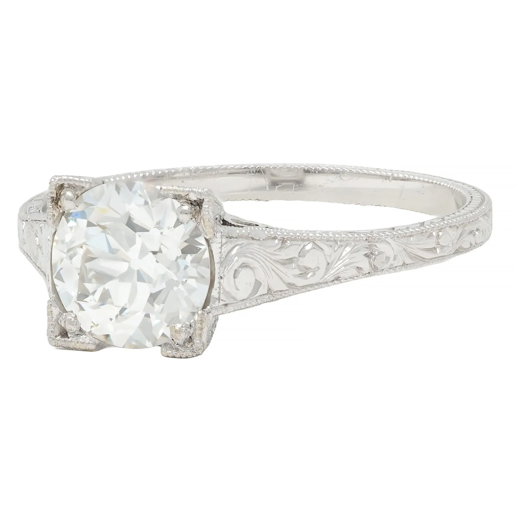 Art Deco 1.09 CTW Old European Cut Diamond Platinum Scroll Engraved Vintage Engagement Ring GIA