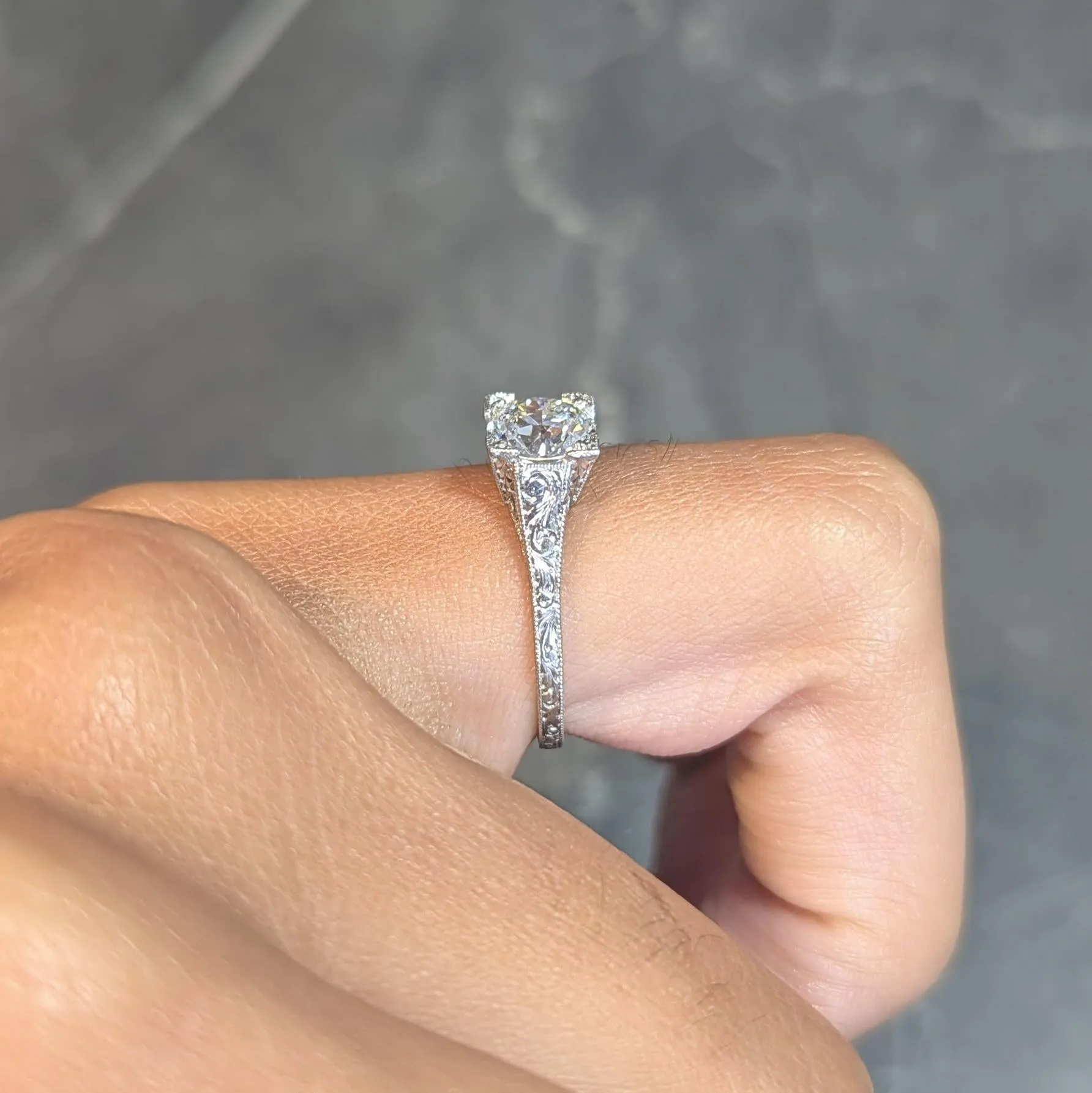 Art Deco 1.09 CTW Old European Cut Diamond Platinum Scroll Engraved Vintage Engagement Ring GIA