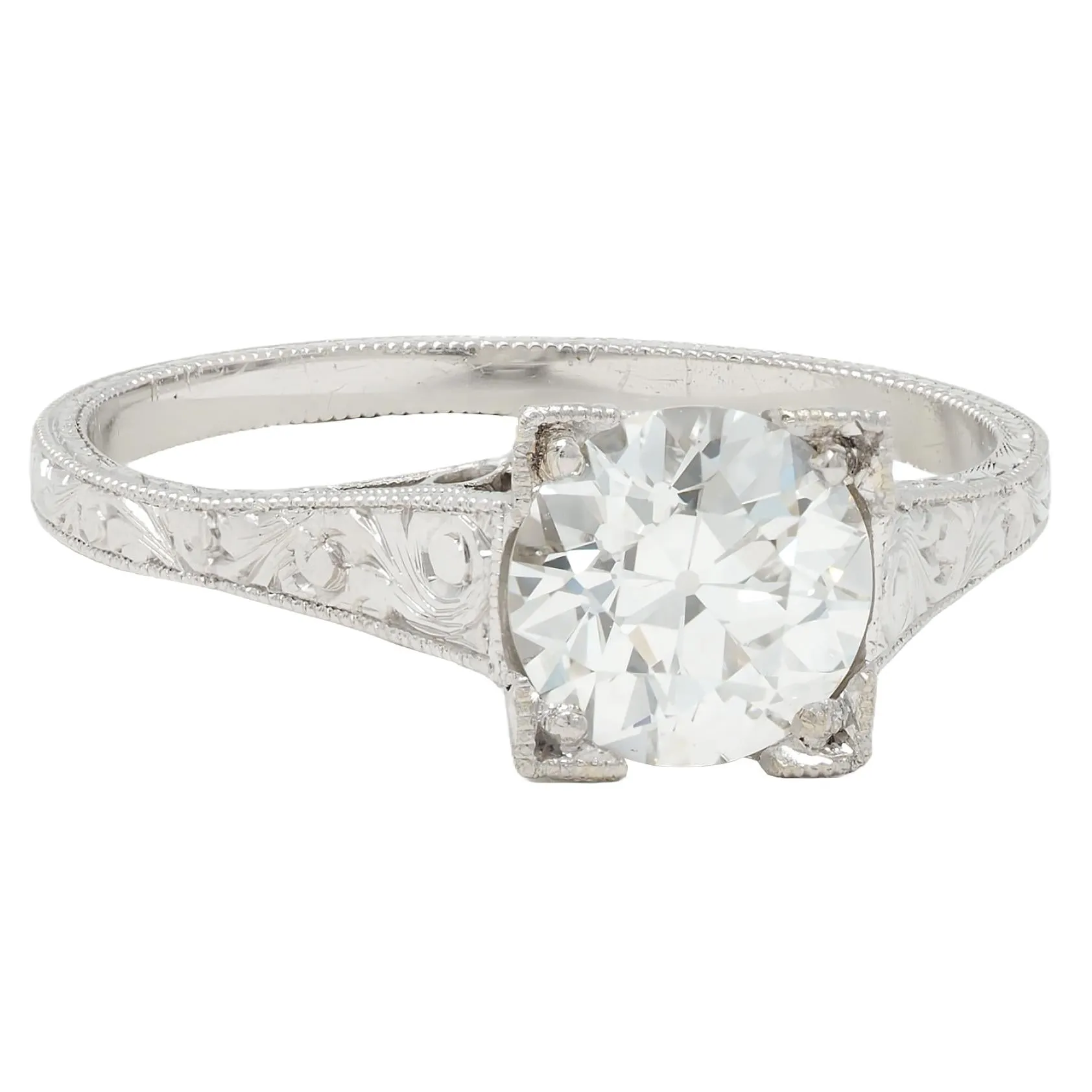 Art Deco 1.09 CTW Old European Cut Diamond Platinum Scroll Engraved Vintage Engagement Ring GIA
