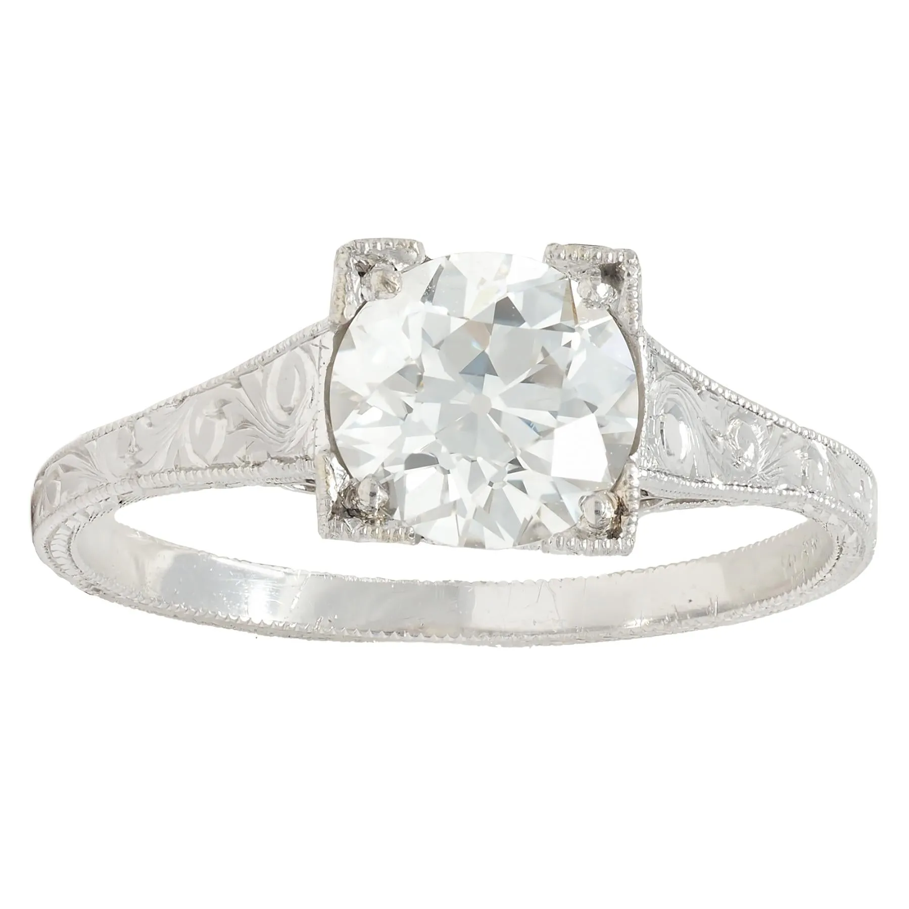 Art Deco 1.09 CTW Old European Cut Diamond Platinum Scroll Engraved Vintage Engagement Ring GIA
