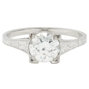 Art Deco 1.09 CTW Old European Cut Diamond Platinum Scroll Engraved Vintage Engagement Ring GIA