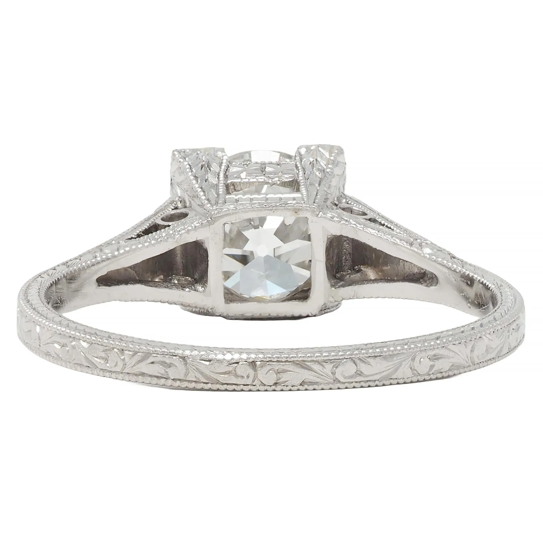 Art Deco 1.09 CTW Old European Cut Diamond Platinum Scroll Engraved Vintage Engagement Ring GIA