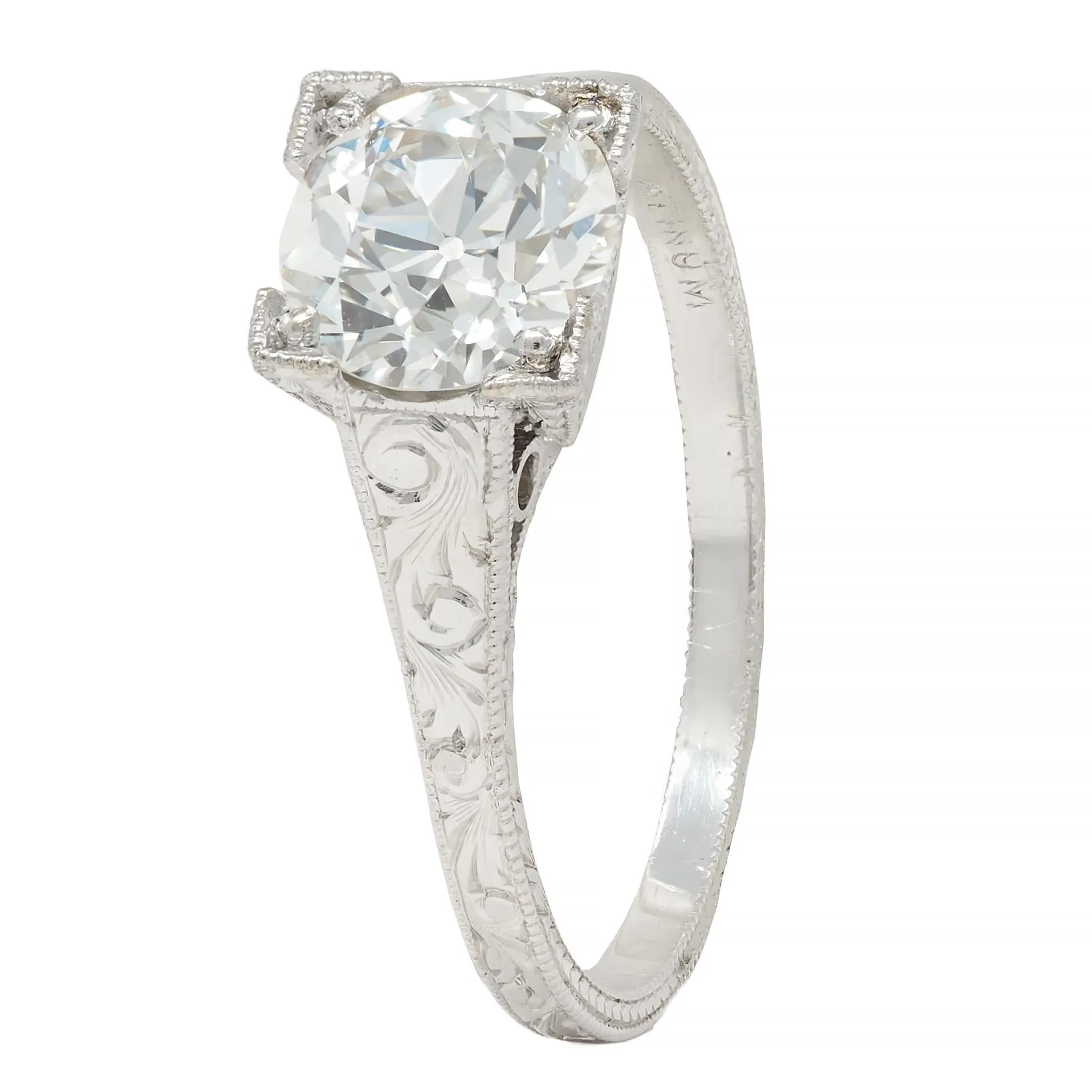Art Deco 1.09 CTW Old European Cut Diamond Platinum Scroll Engraved Vintage Engagement Ring GIA