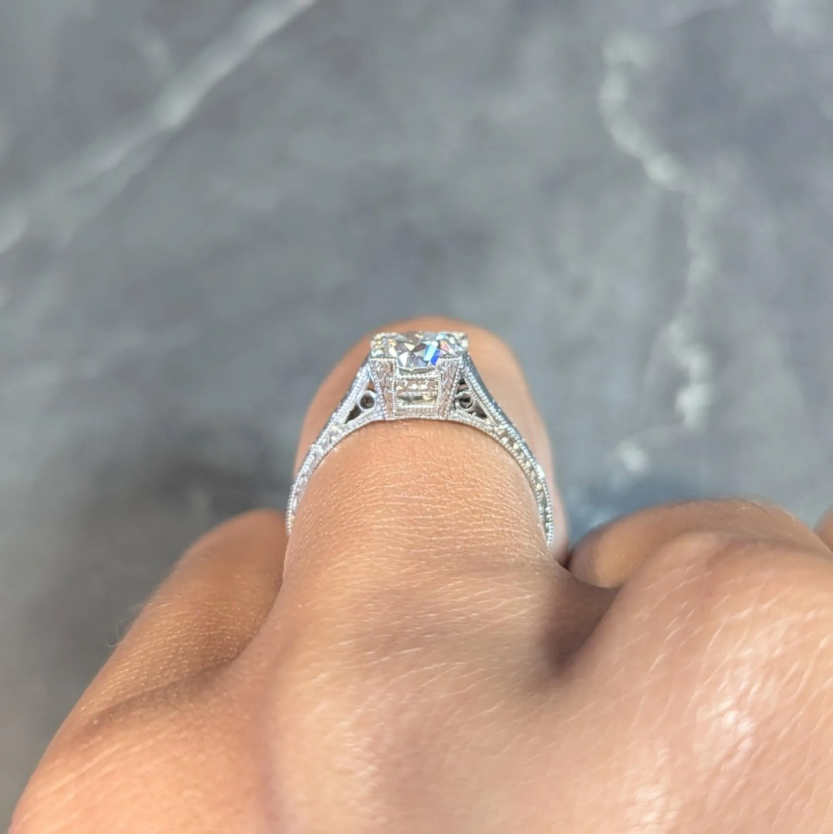 Art Deco 1.09 CTW Old European Cut Diamond Platinum Scroll Engraved Vintage Engagement Ring GIA